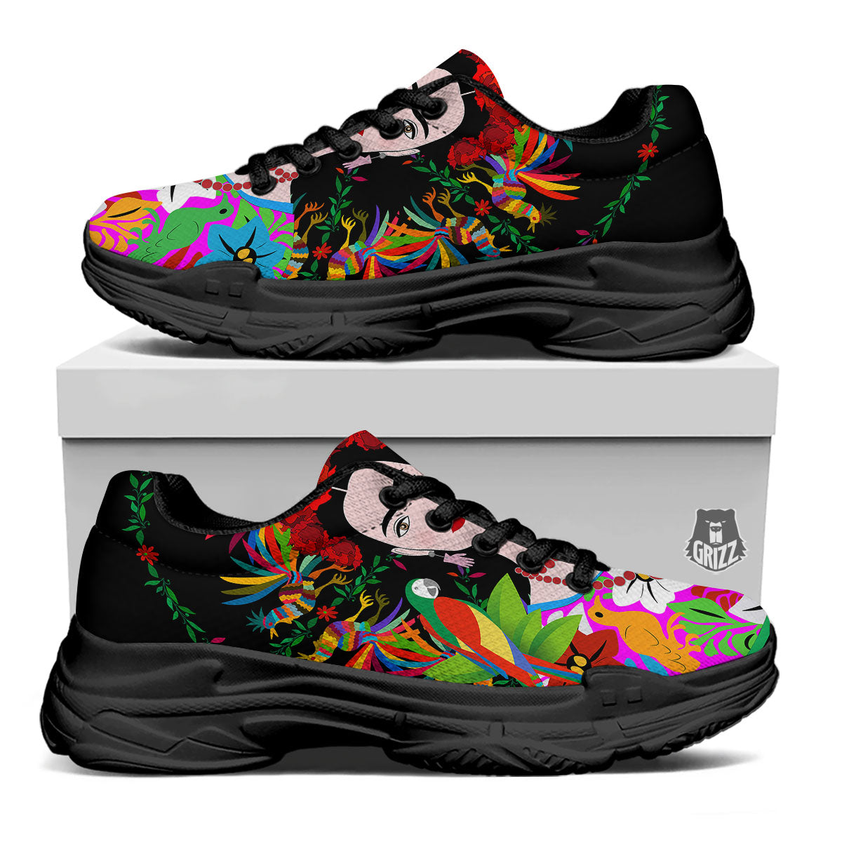 Floral And Frida Kahlo Print Black Chunky Shoes-grizzshop