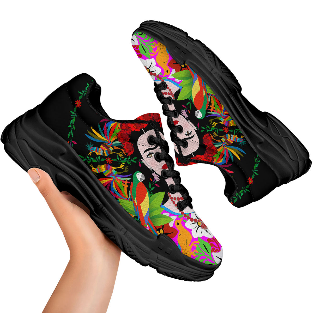 Floral And Frida Kahlo Print Black Chunky Shoes-grizzshop