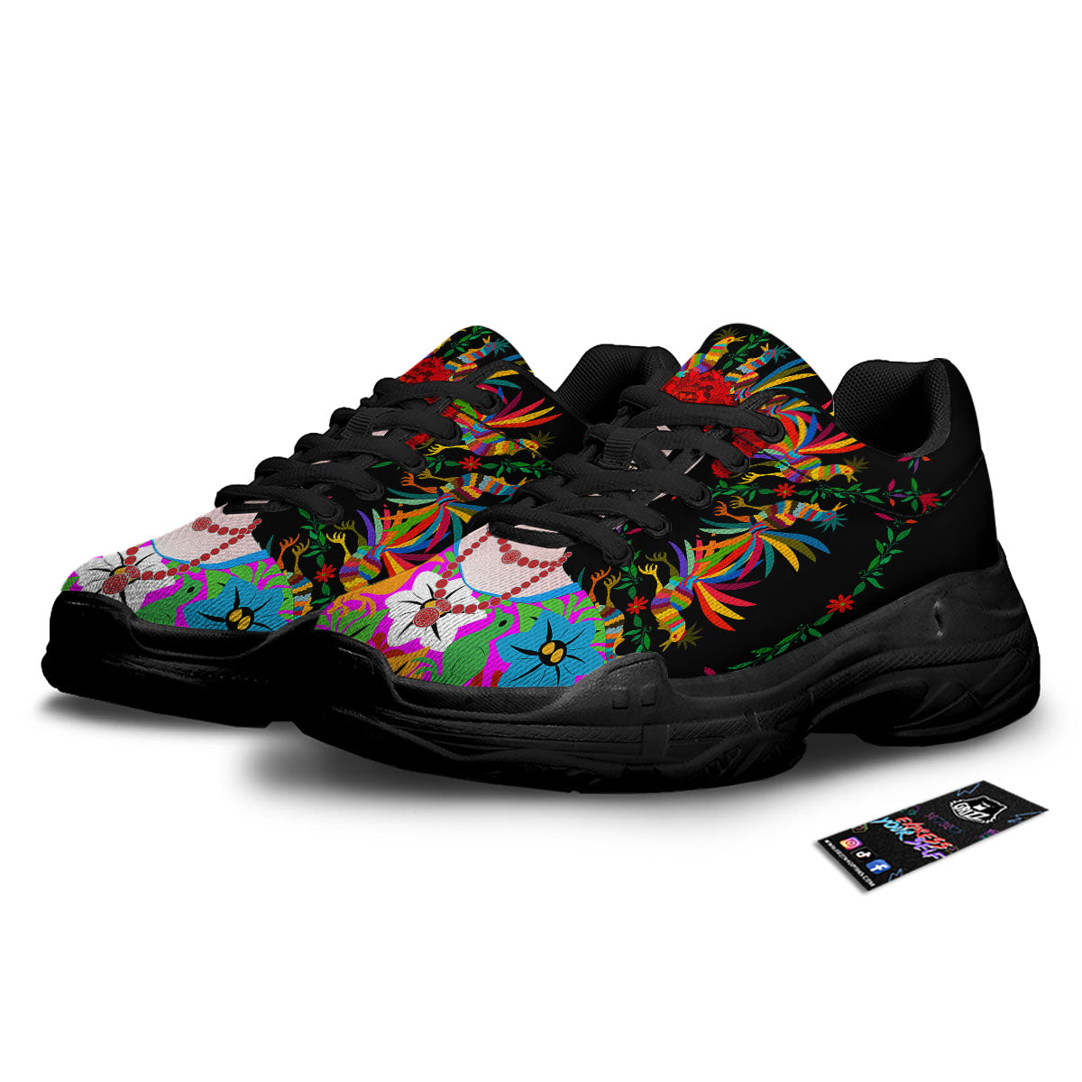 Floral And Frida Kahlo Print Black Chunky Shoes-grizzshop