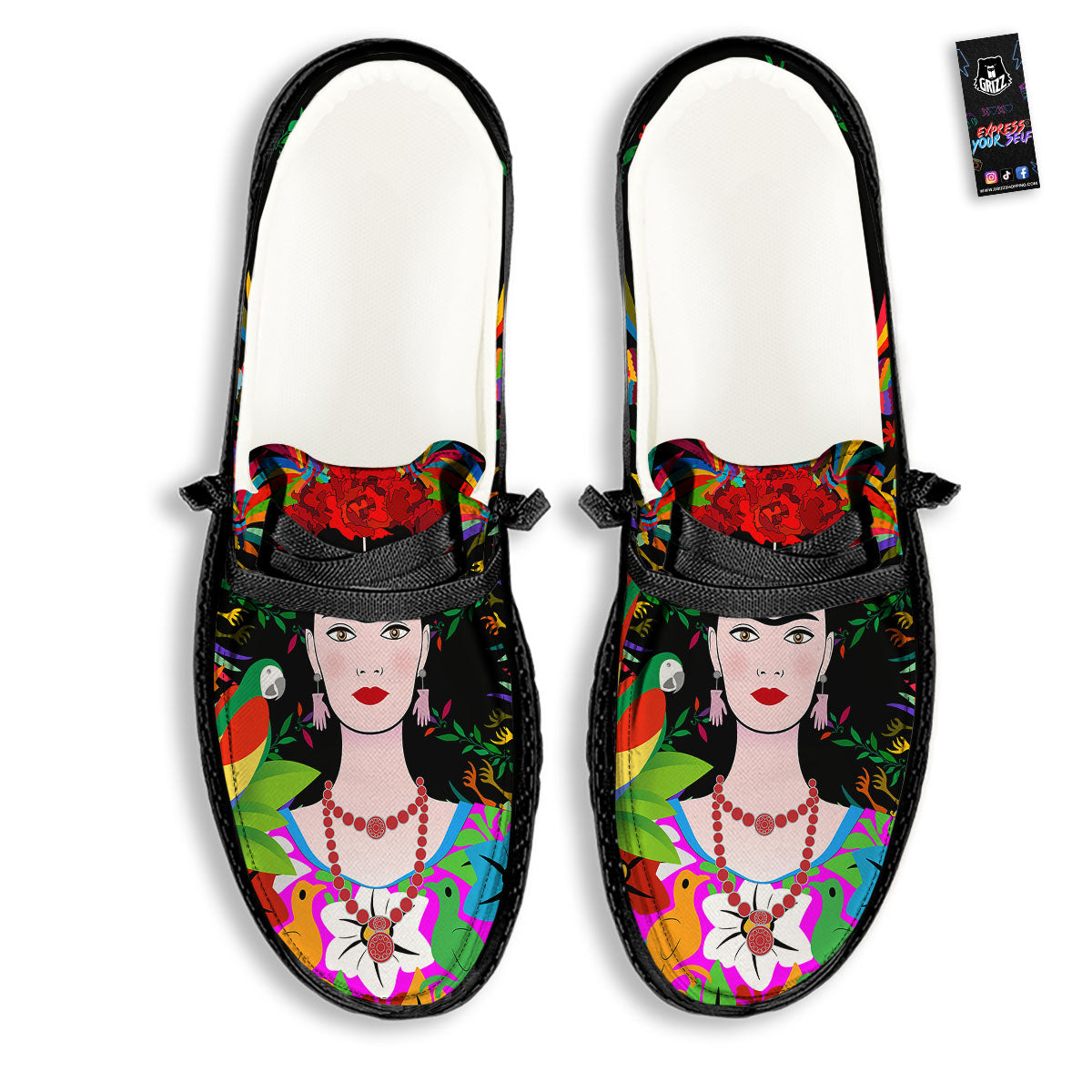 Floral And Frida Kahlo Print Black Loafers-grizzshop