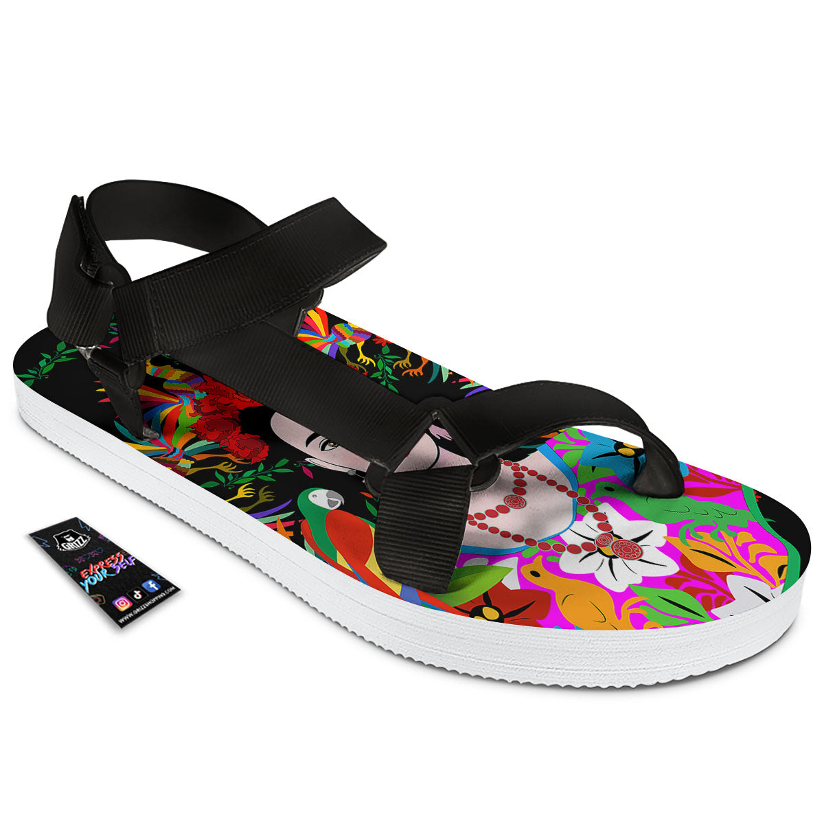 Floral And Frida Kahlo Print Black Open Toe Sandals-grizzshop