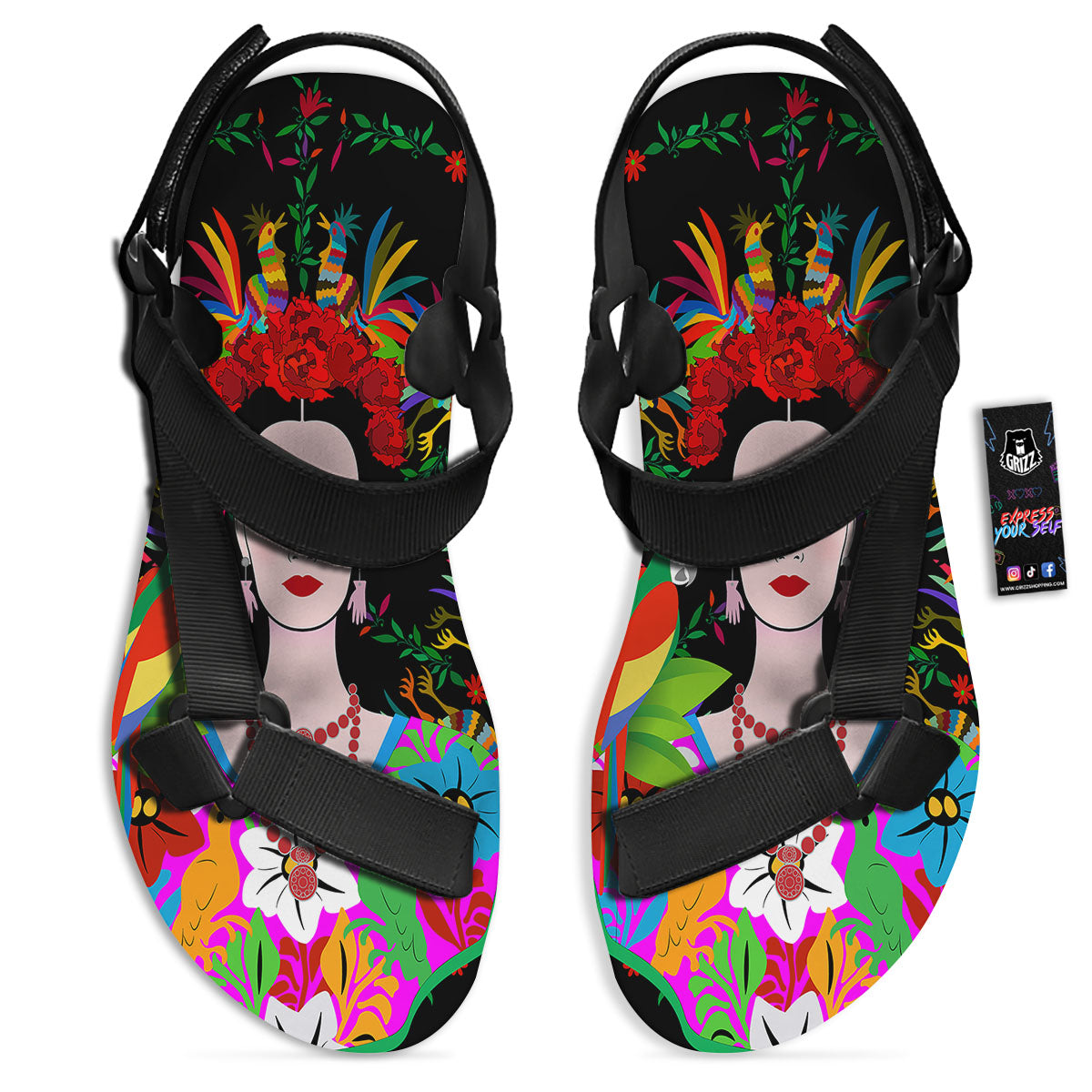 Floral And Frida Kahlo Print Black Open Toe Sandals-grizzshop