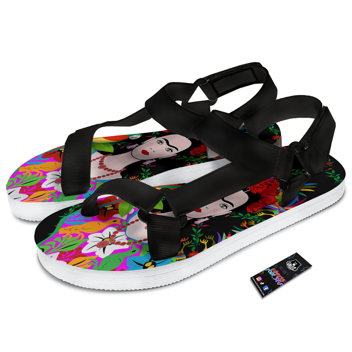 Floral And Frida Kahlo Print Black Open Toe Sandals-grizzshop
