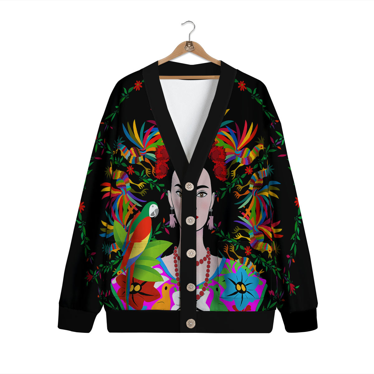Floral And Frida Kahlo Print Cardigan-grizzshop