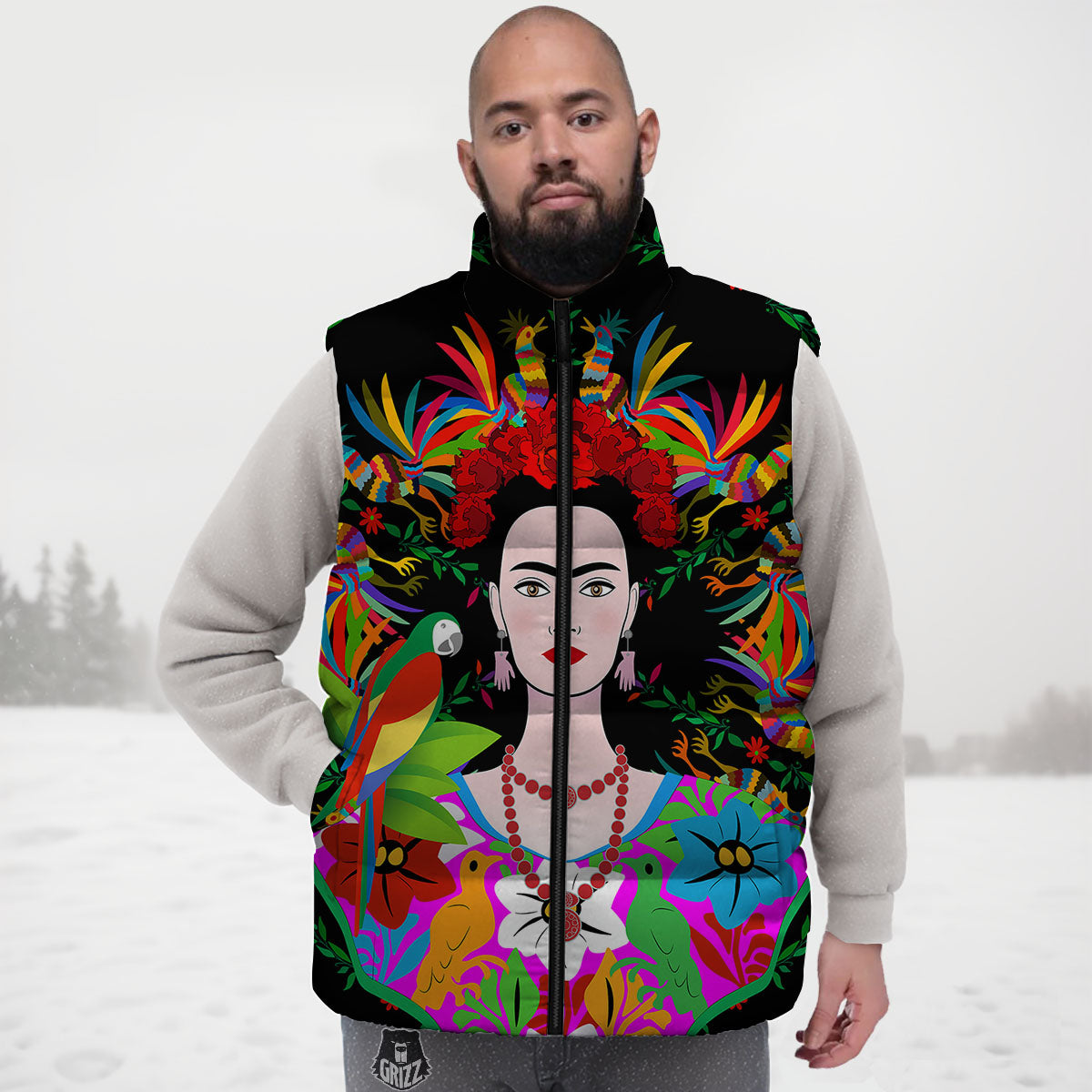 Floral And Frida Kahlo Print Down Vest