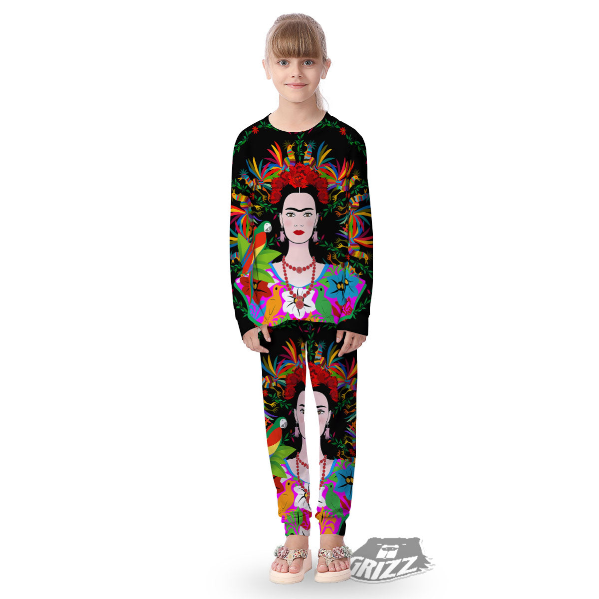Floral And Frida Kahlo Print Kid's Pajamas-grizzshop