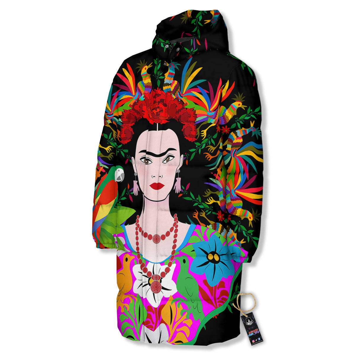 Floral And Frida Kahlo Print Long Down Jacket-grizzshop