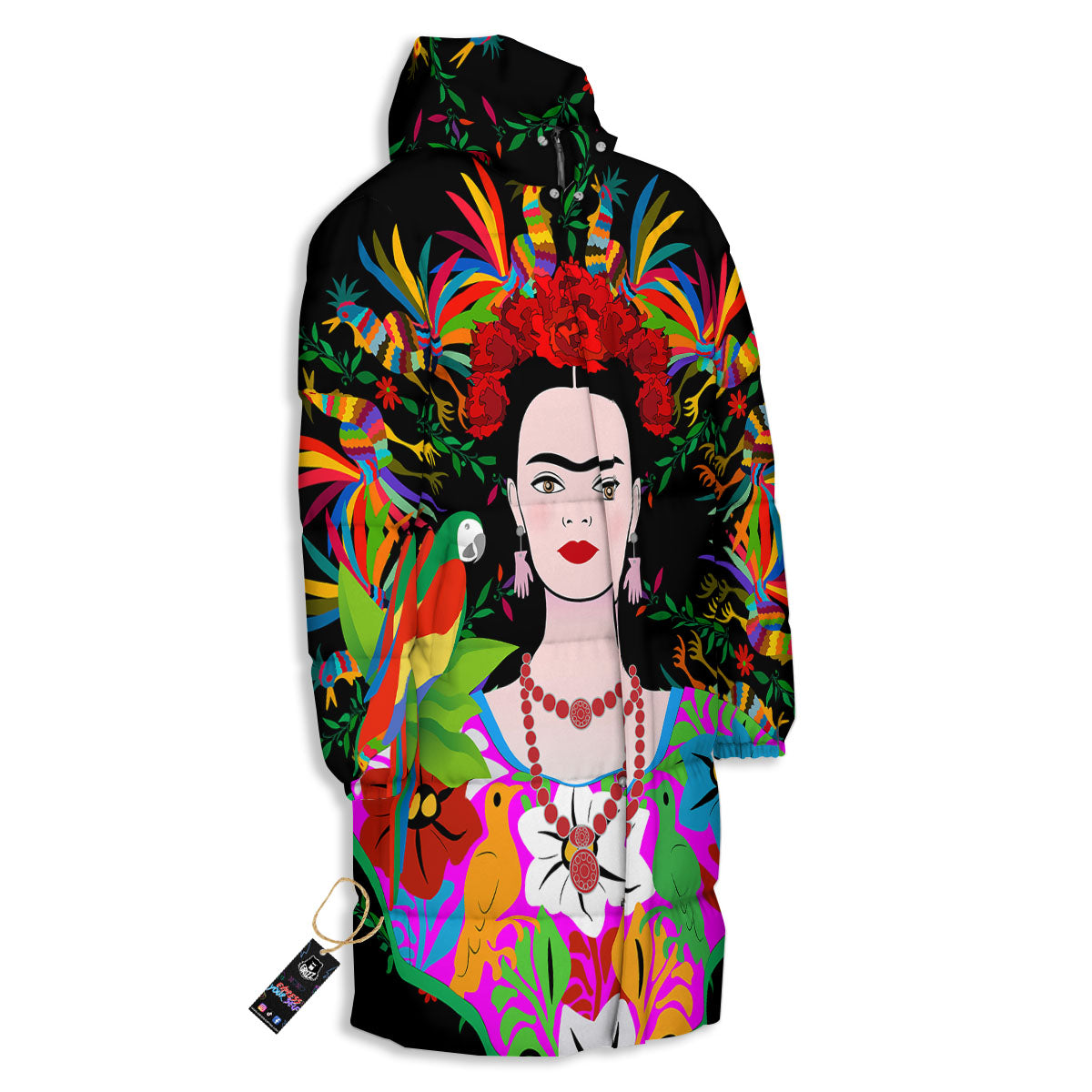 Floral And Frida Kahlo Print Long Down Jacket-grizzshop