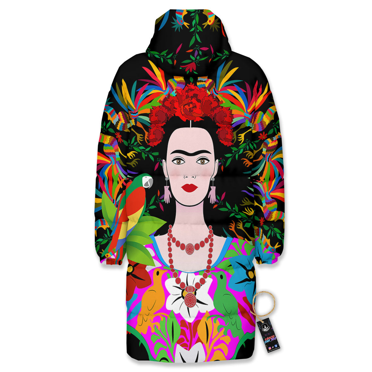 Floral And Frida Kahlo Print Long Down Jacket-grizzshop