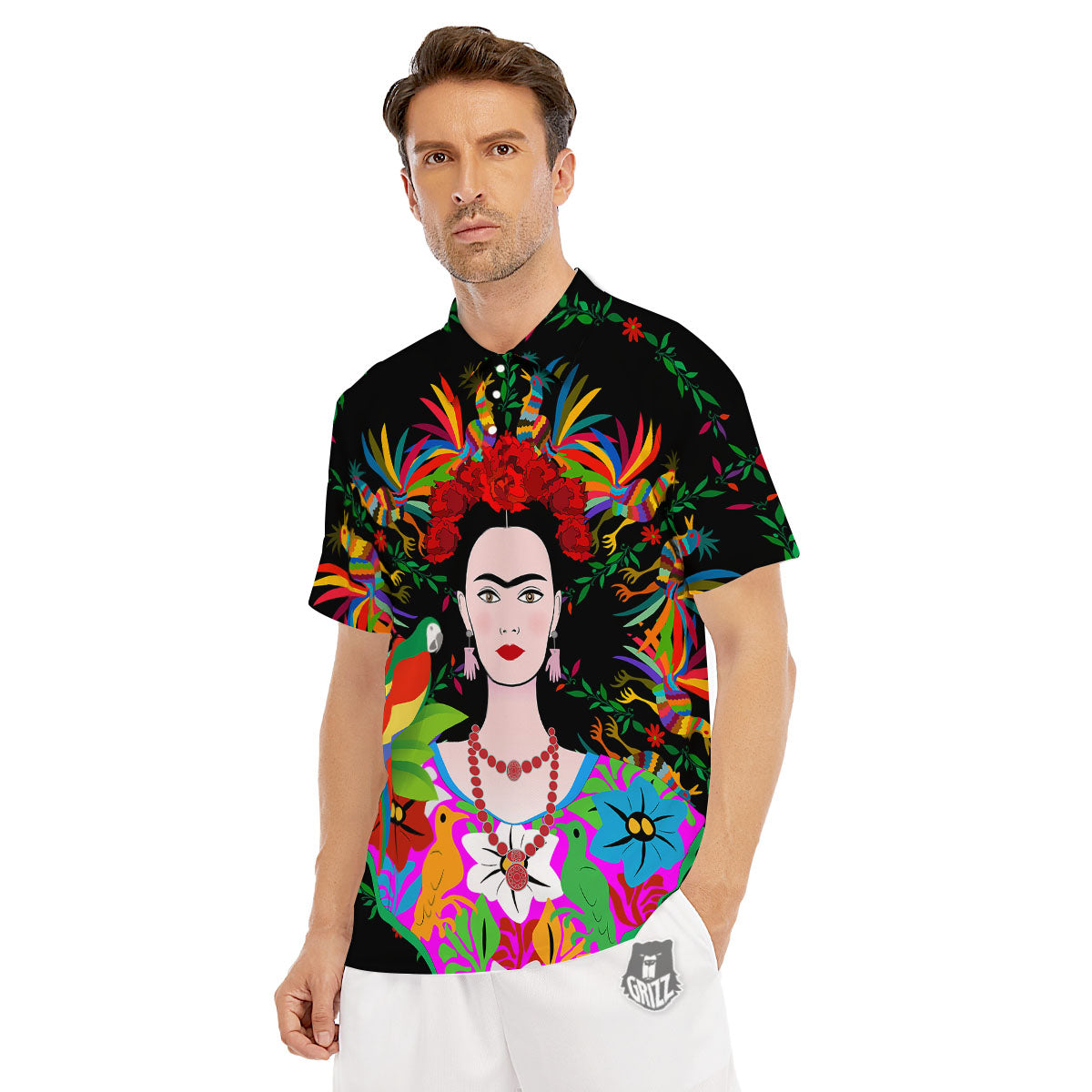 Floral And Frida Kahlo Print Men's Golf Shirts-grizzshop