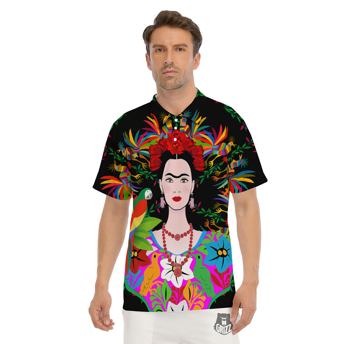 Floral And Frida Kahlo Print Men's Golf Shirts-grizzshop