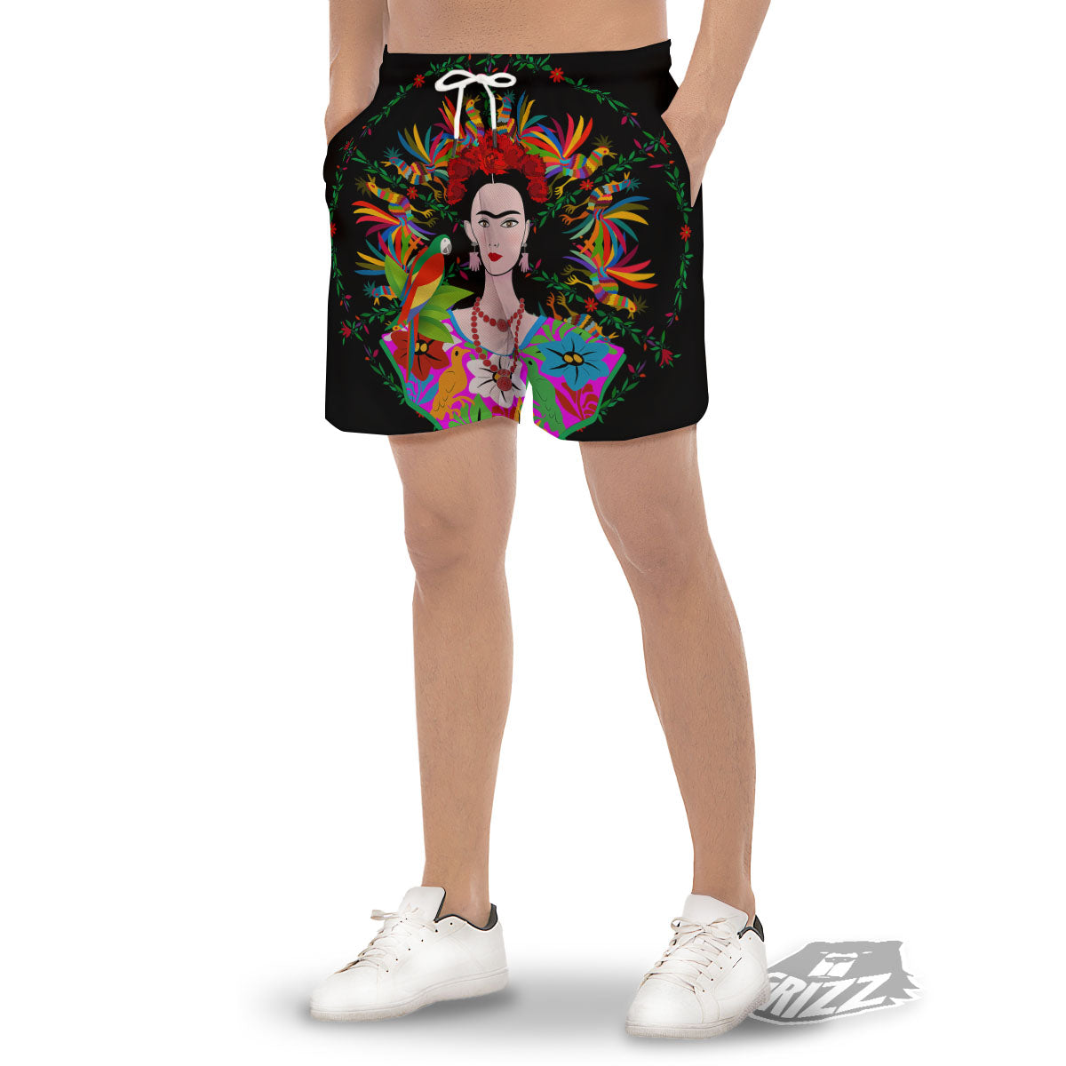 Floral And Frida Kahlo Print Men's Gym Shorts-grizzshop