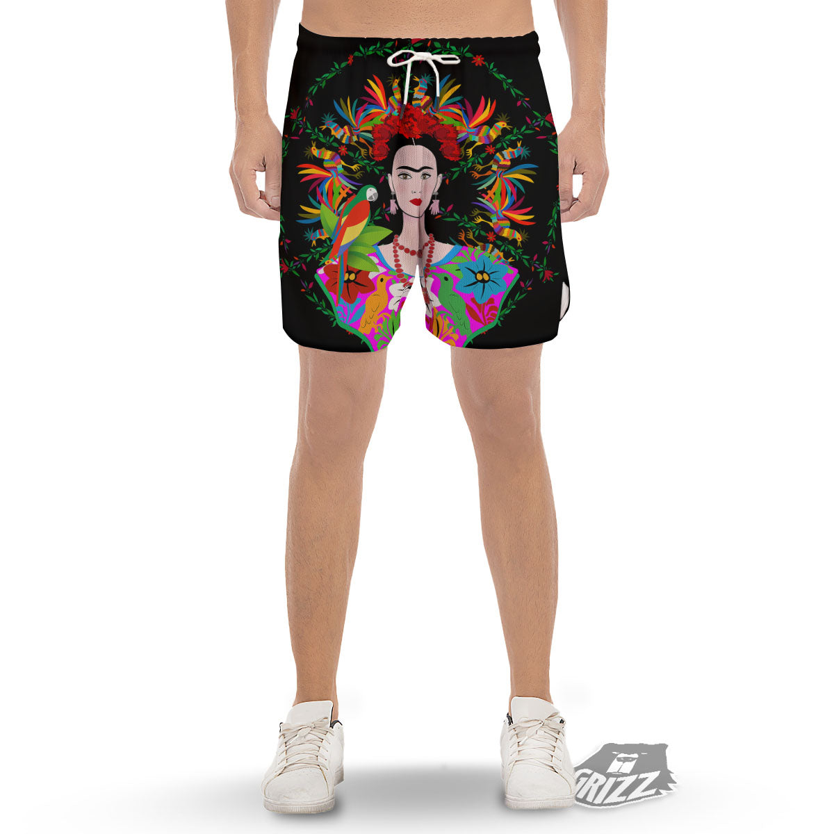 Floral And Frida Kahlo Print Men's Gym Shorts-grizzshop