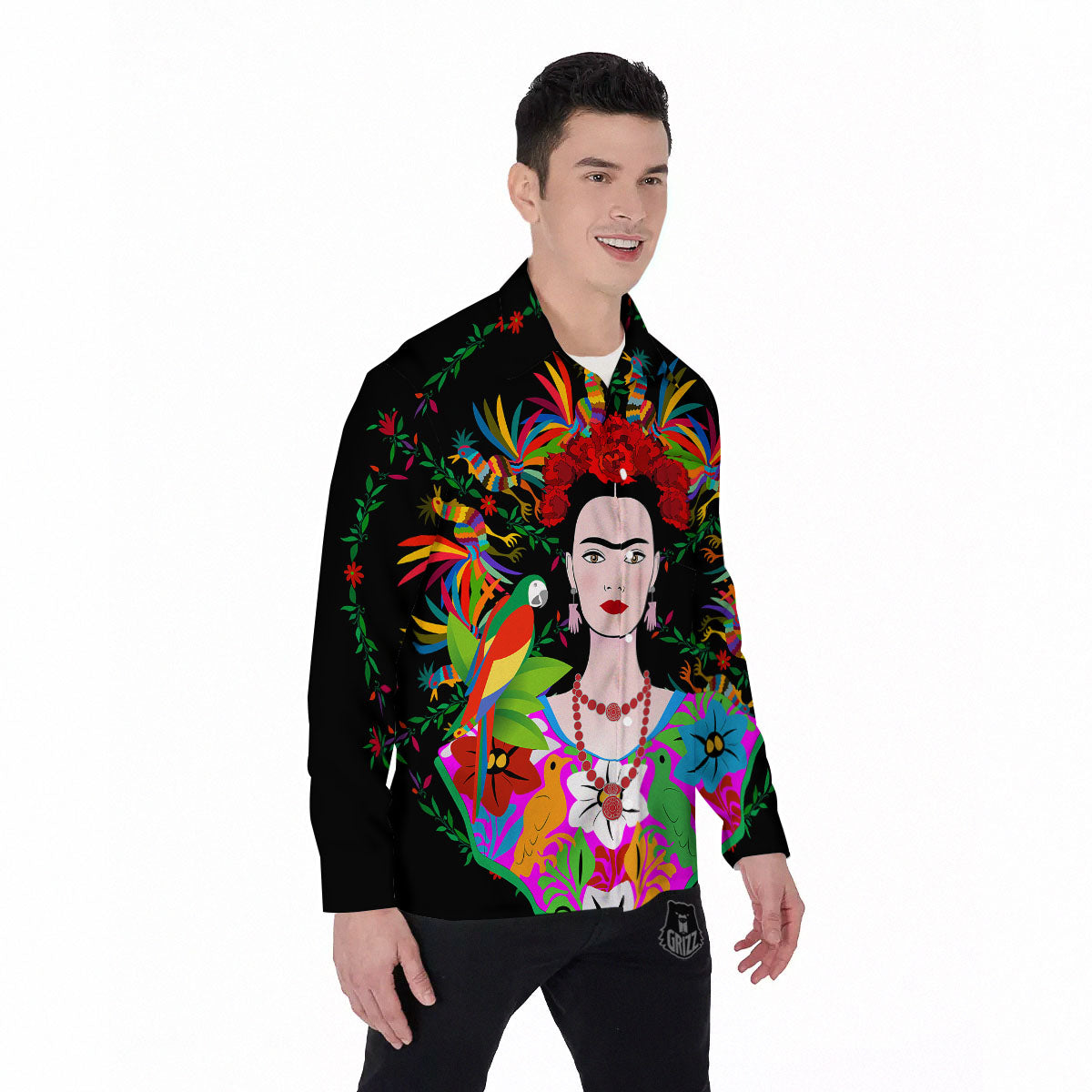 Floral And Frida Kahlo Print Men's Long Sleeve Shirts-grizzshop