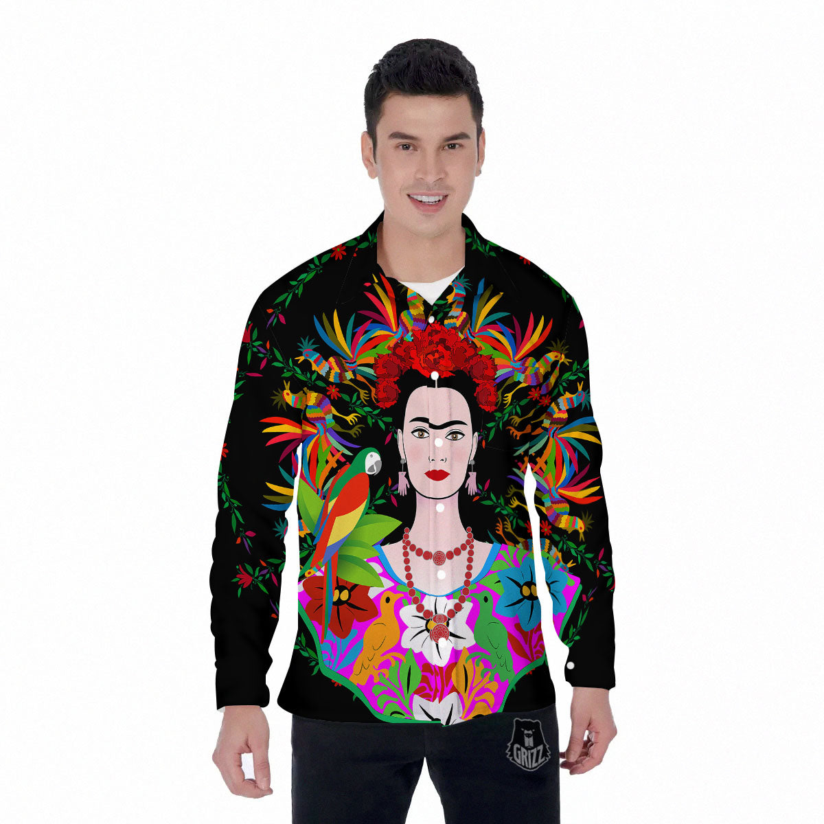 Floral And Frida Kahlo Print Men's Long Sleeve Shirts-grizzshop