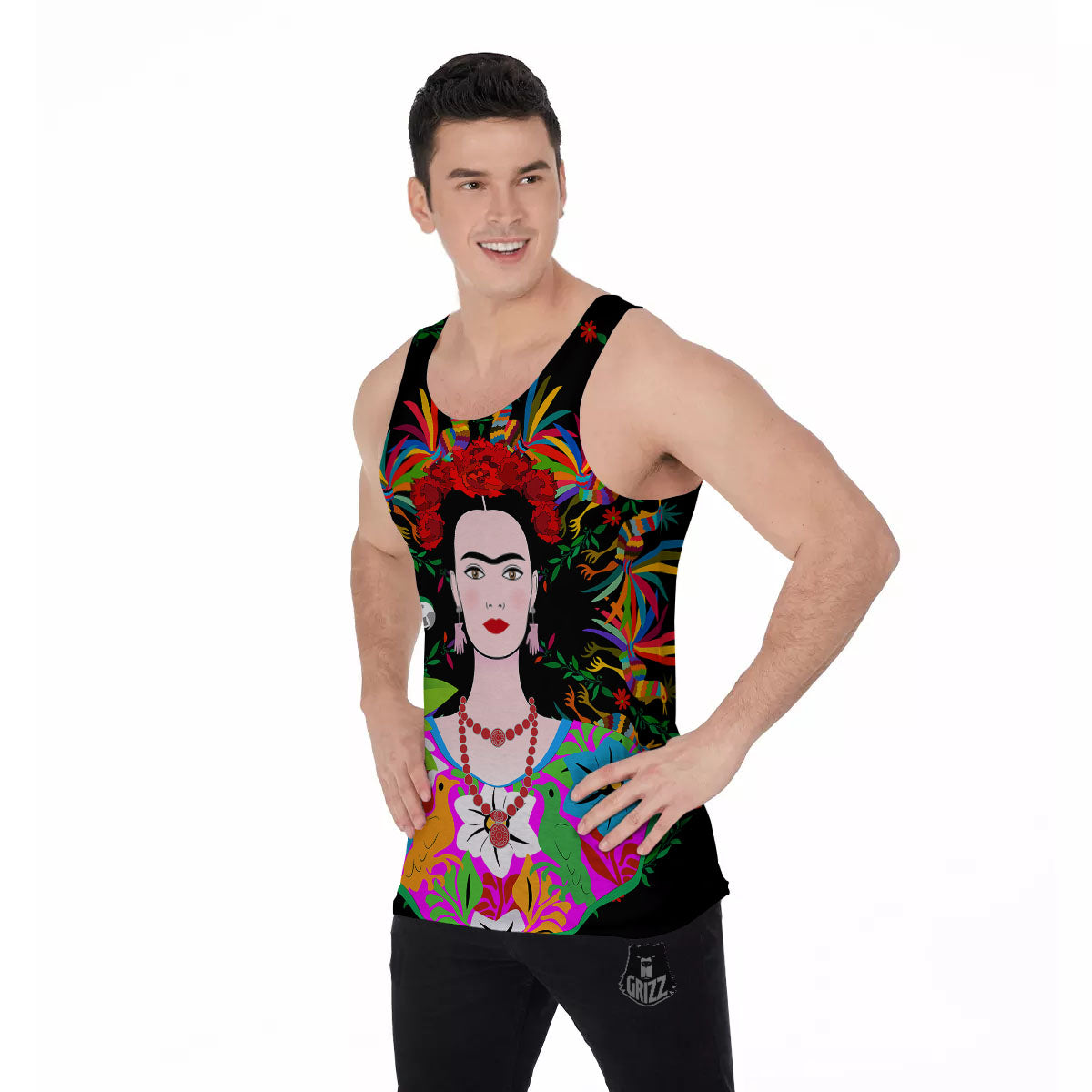 Floral And Frida Kahlo Print Men's Tank Top-grizzshop