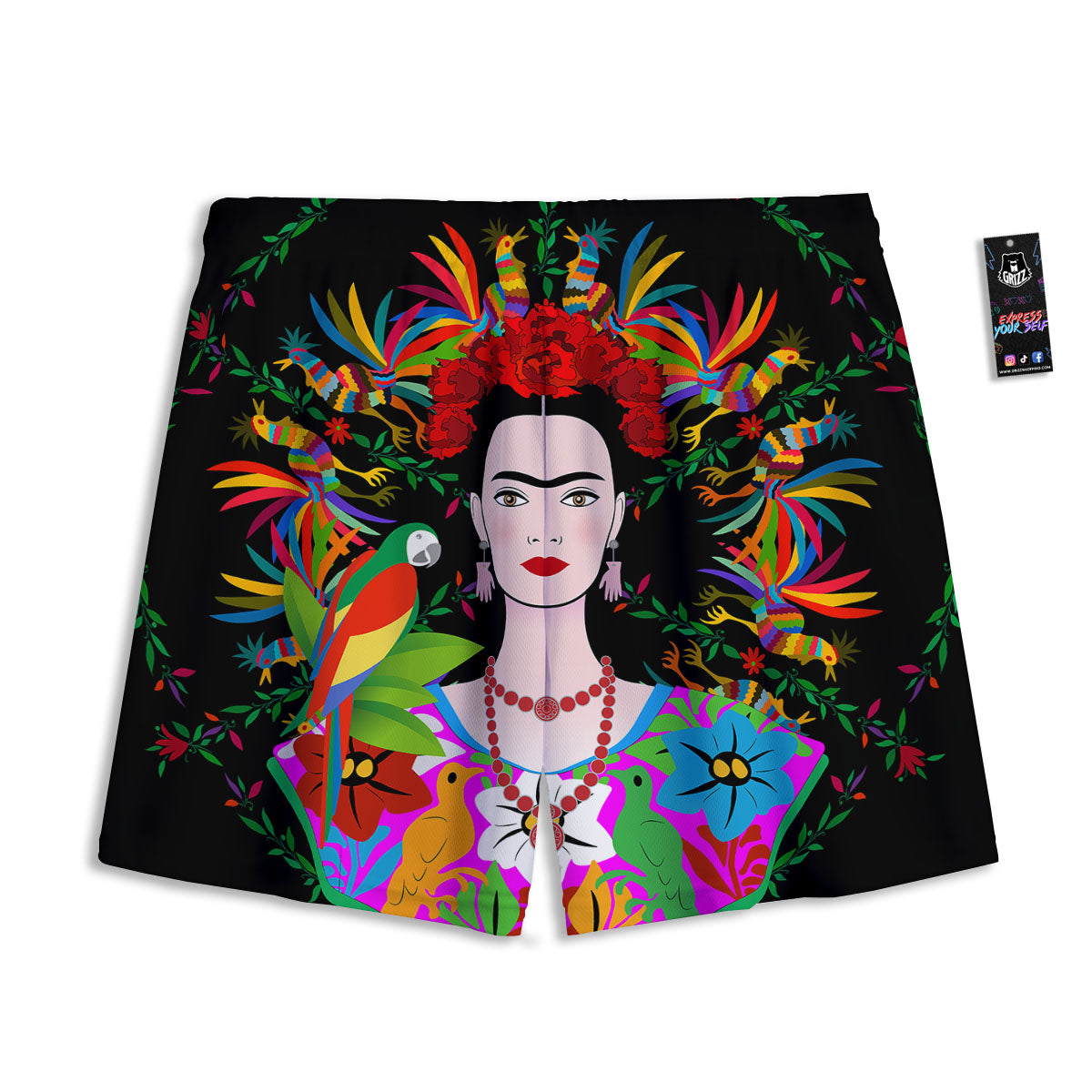 Floral And Frida Kahlo Print Mesh Shorts