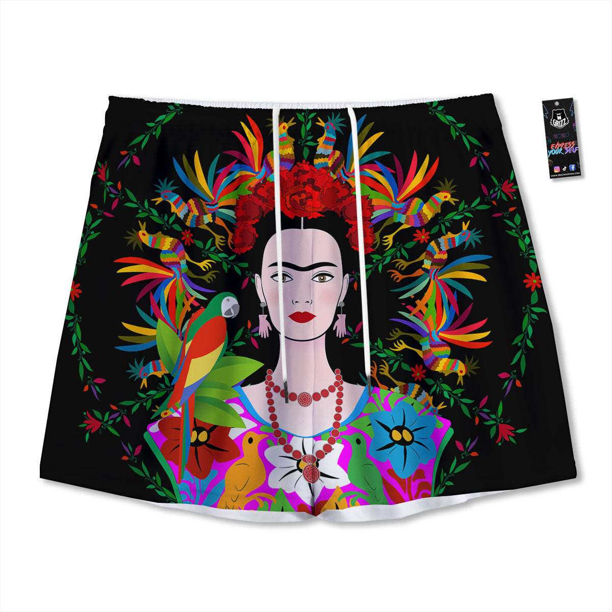 Floral And Frida Kahlo Print Mesh Shorts
