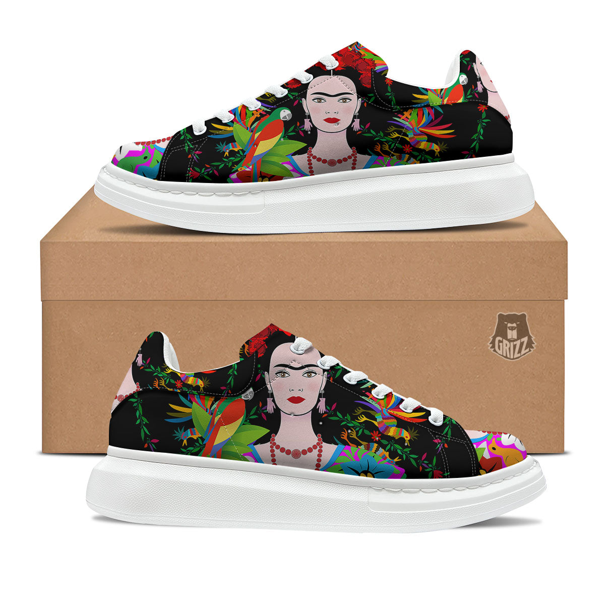 Floral And Frida Kahlo Print Platform Shoes-grizzshop