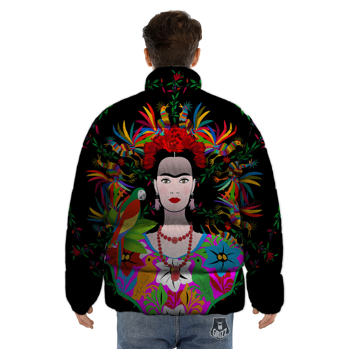 Floral And Frida Kahlo Print Puffer Jacket-grizzshop