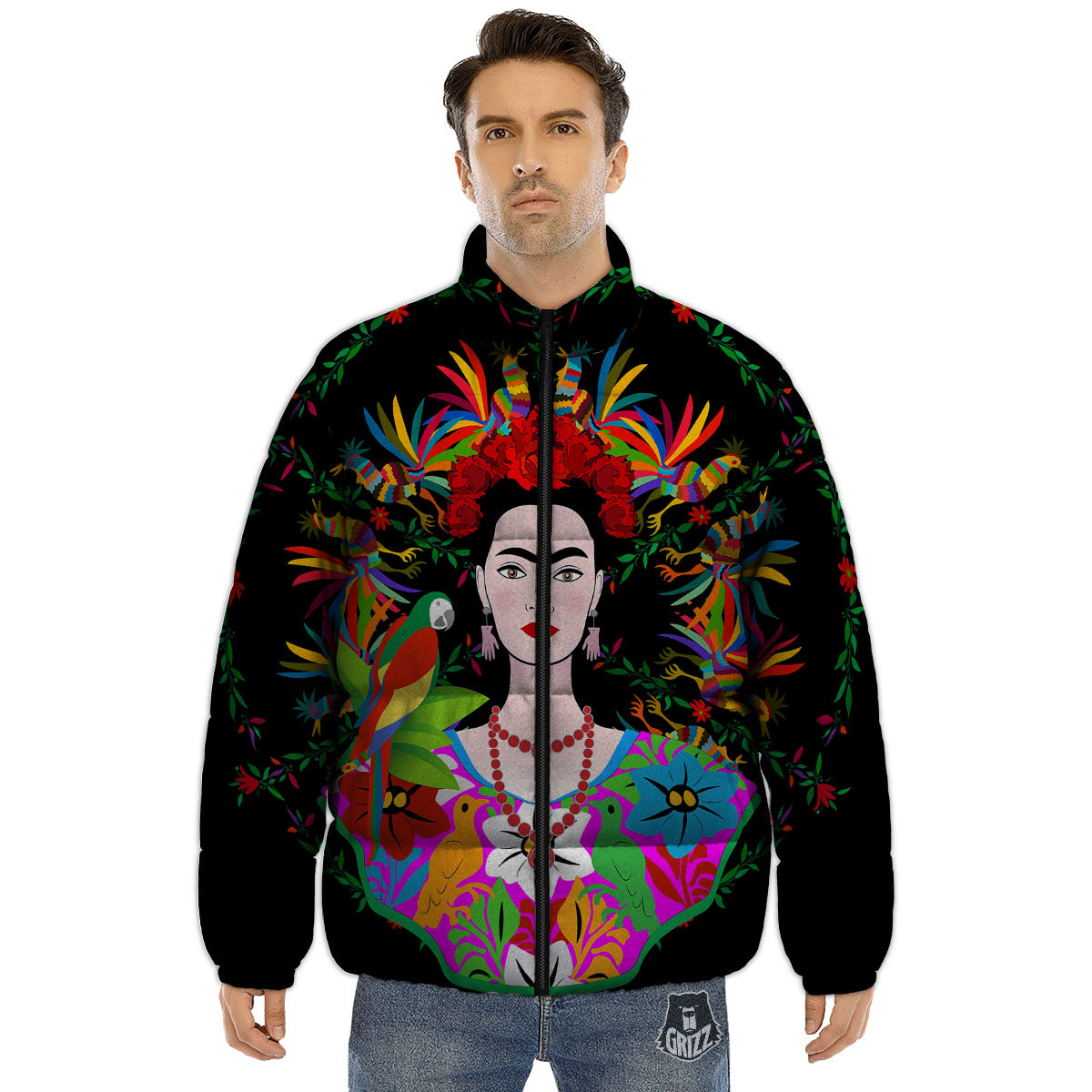 Floral And Frida Kahlo Print Puffer Jacket-grizzshop