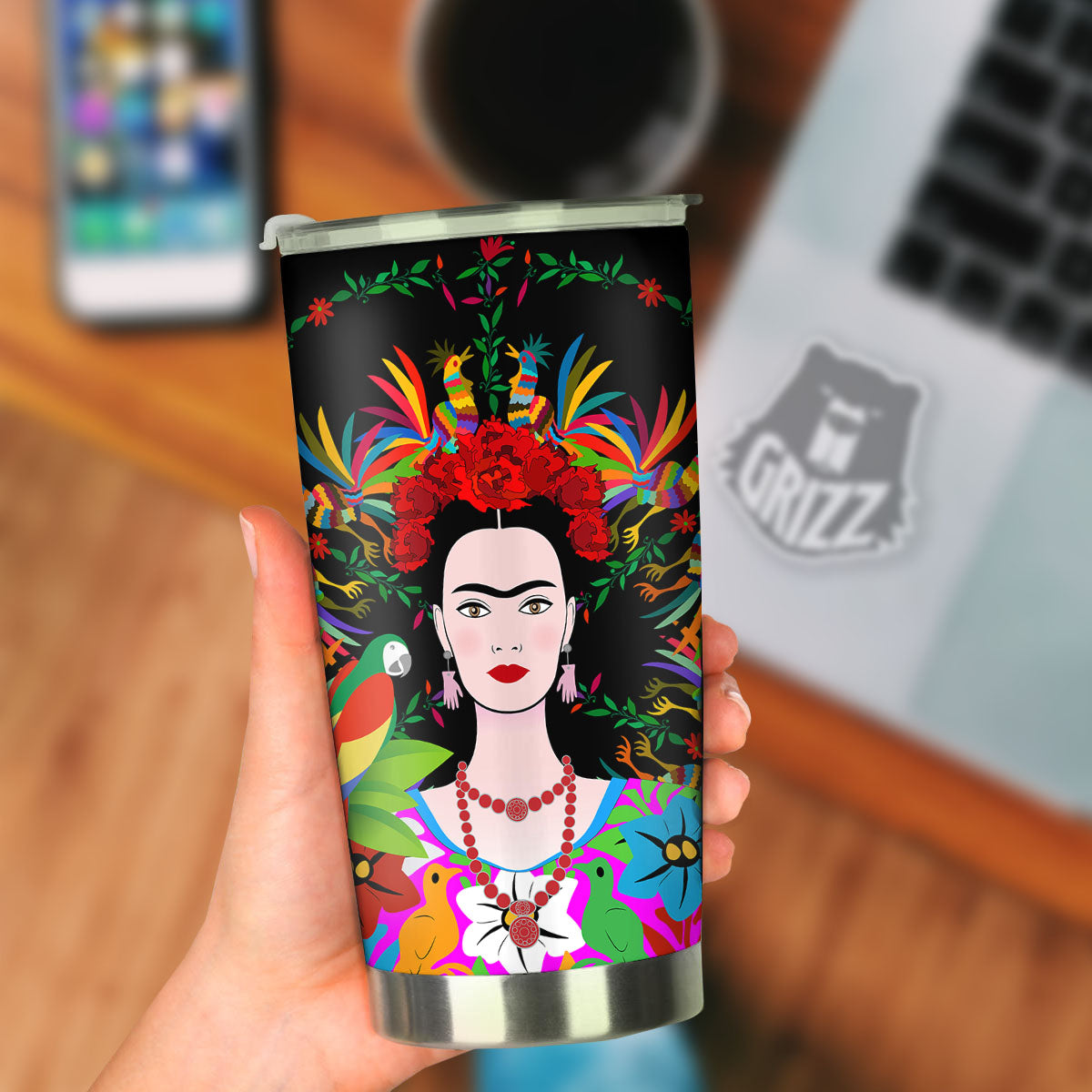 Floral And Frida Kahlo Print Tumbler-grizzshop