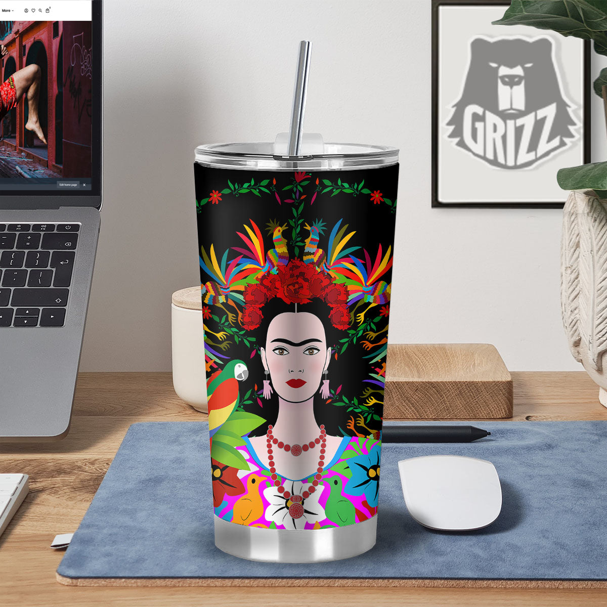 Floral And Frida Kahlo Print Tumbler-grizzshop