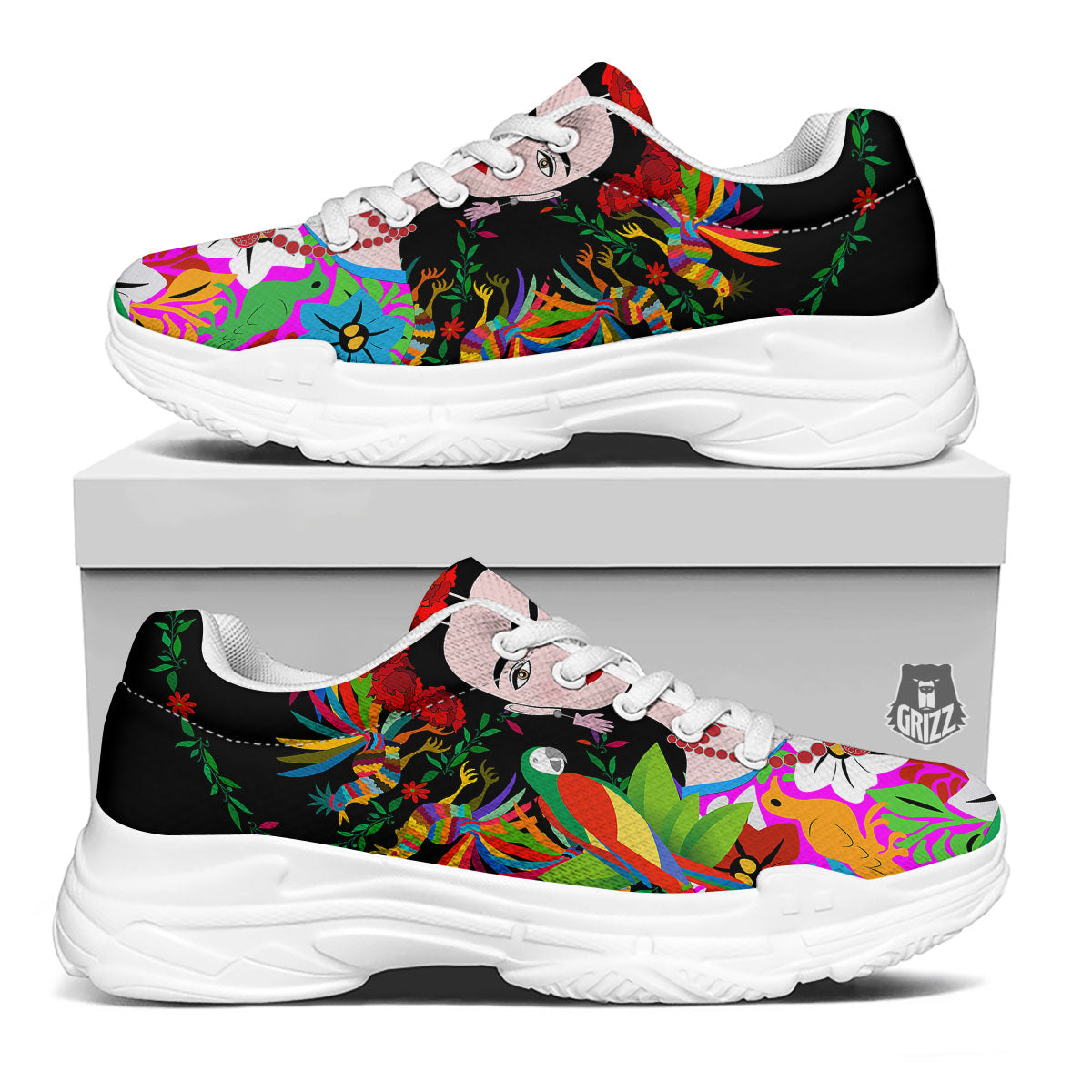 Floral And Frida Kahlo Print White Chunky Shoes-grizzshop