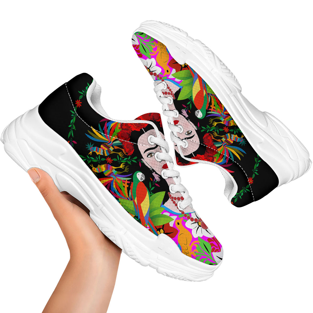 Floral And Frida Kahlo Print White Chunky Shoes-grizzshop