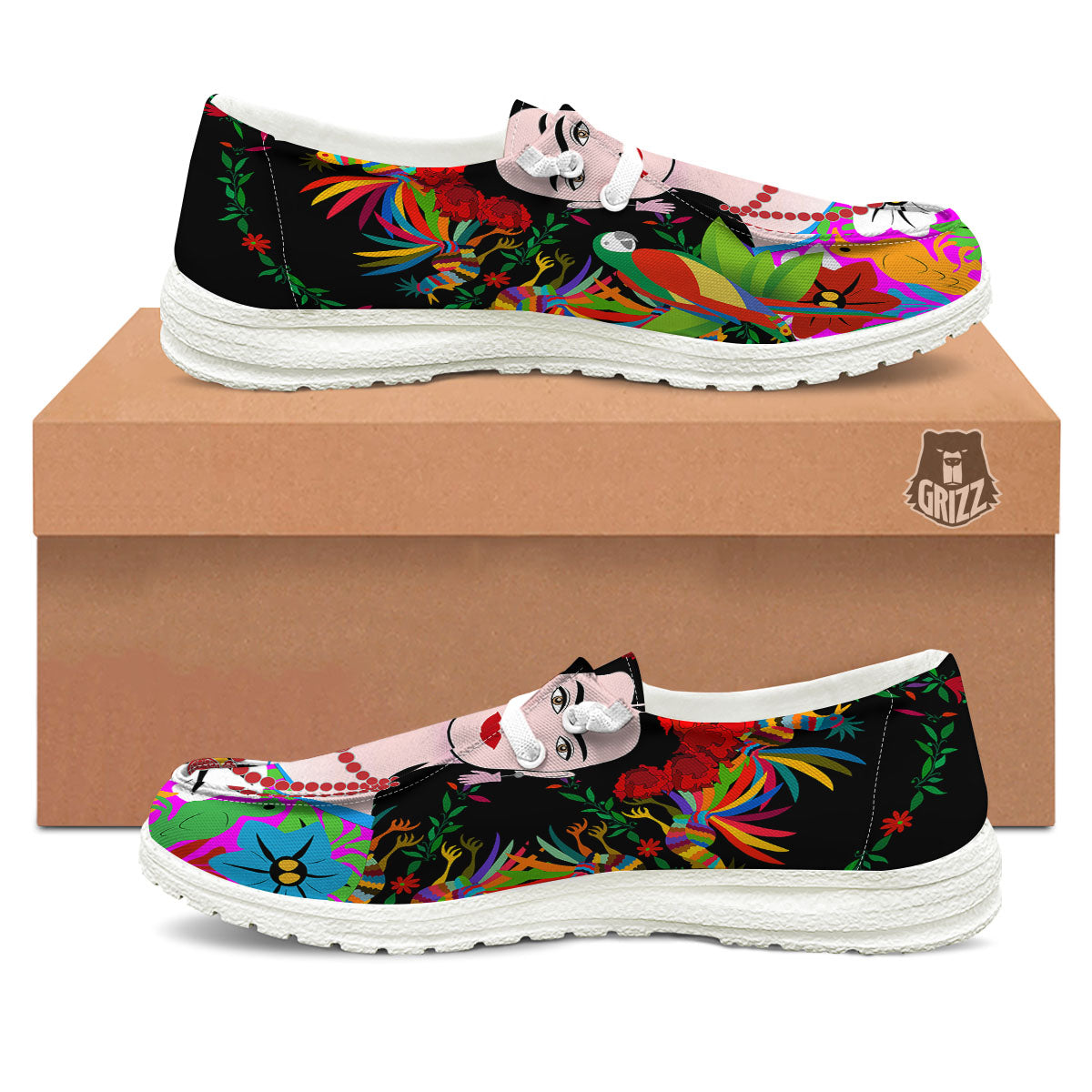 Floral And Frida Kahlo Print White Loafers-grizzshop