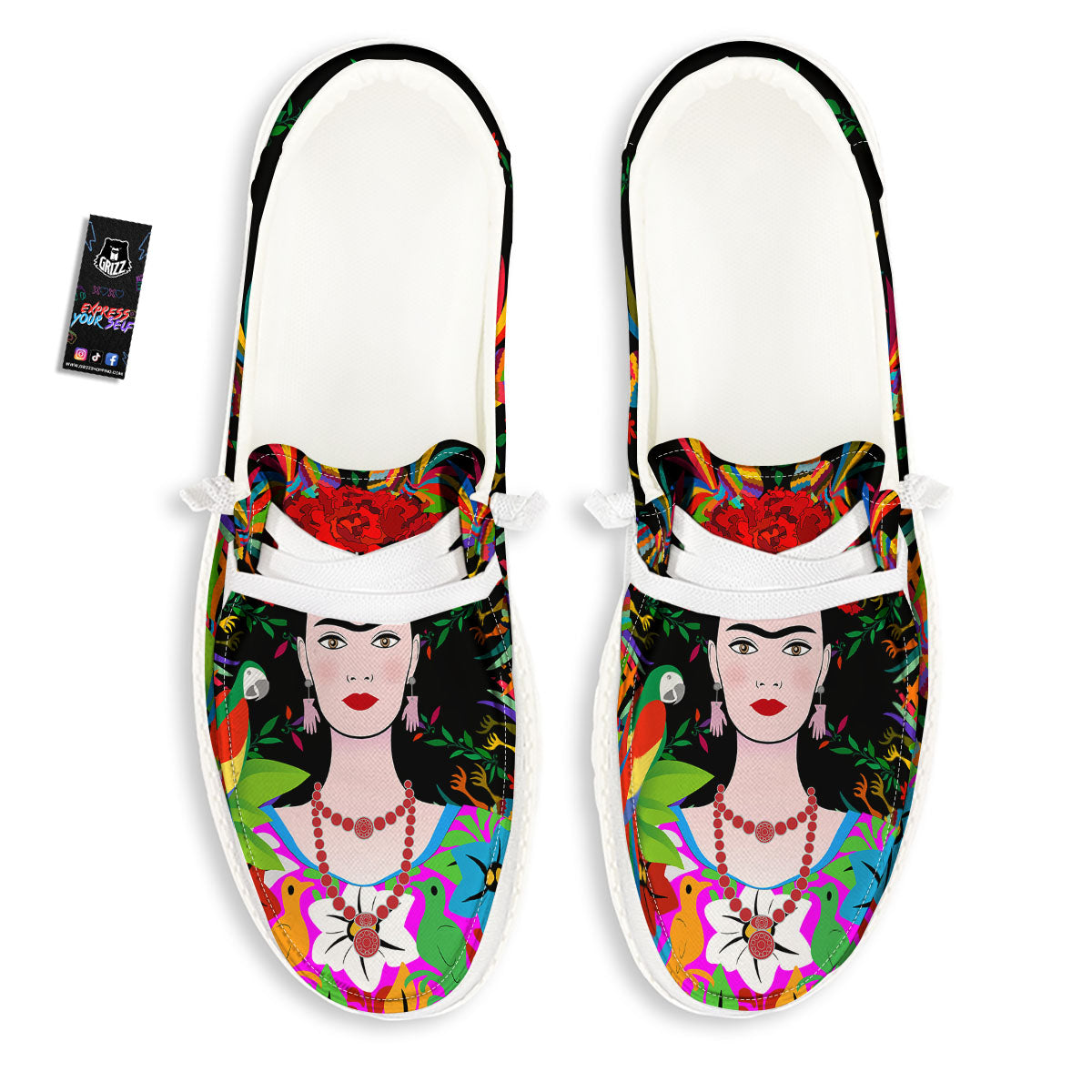 Floral And Frida Kahlo Print White Loafers-grizzshop