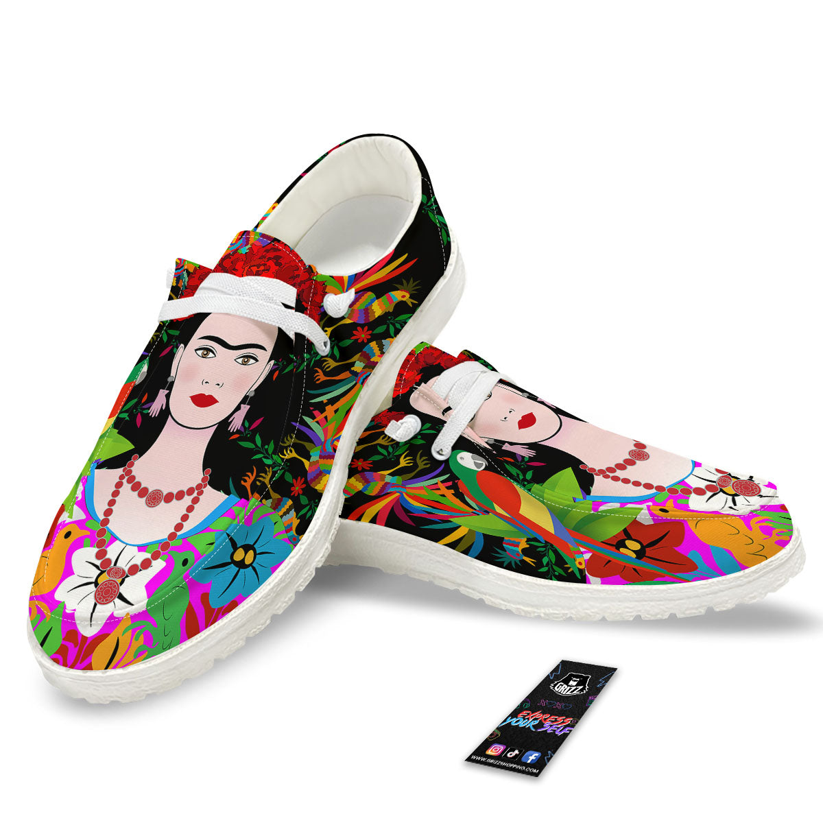 Floral And Frida Kahlo Print White Loafers-grizzshop
