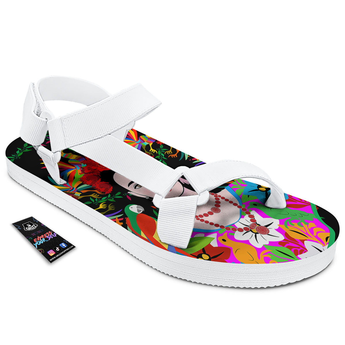 Floral And Frida Kahlo Print White Open Toe Sandals-grizzshop