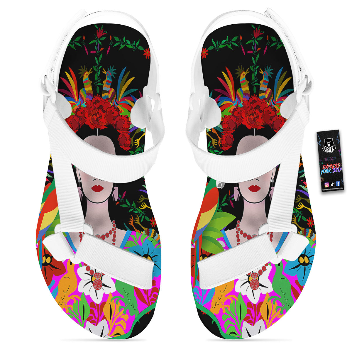 Floral And Frida Kahlo Print White Open Toe Sandals-grizzshop