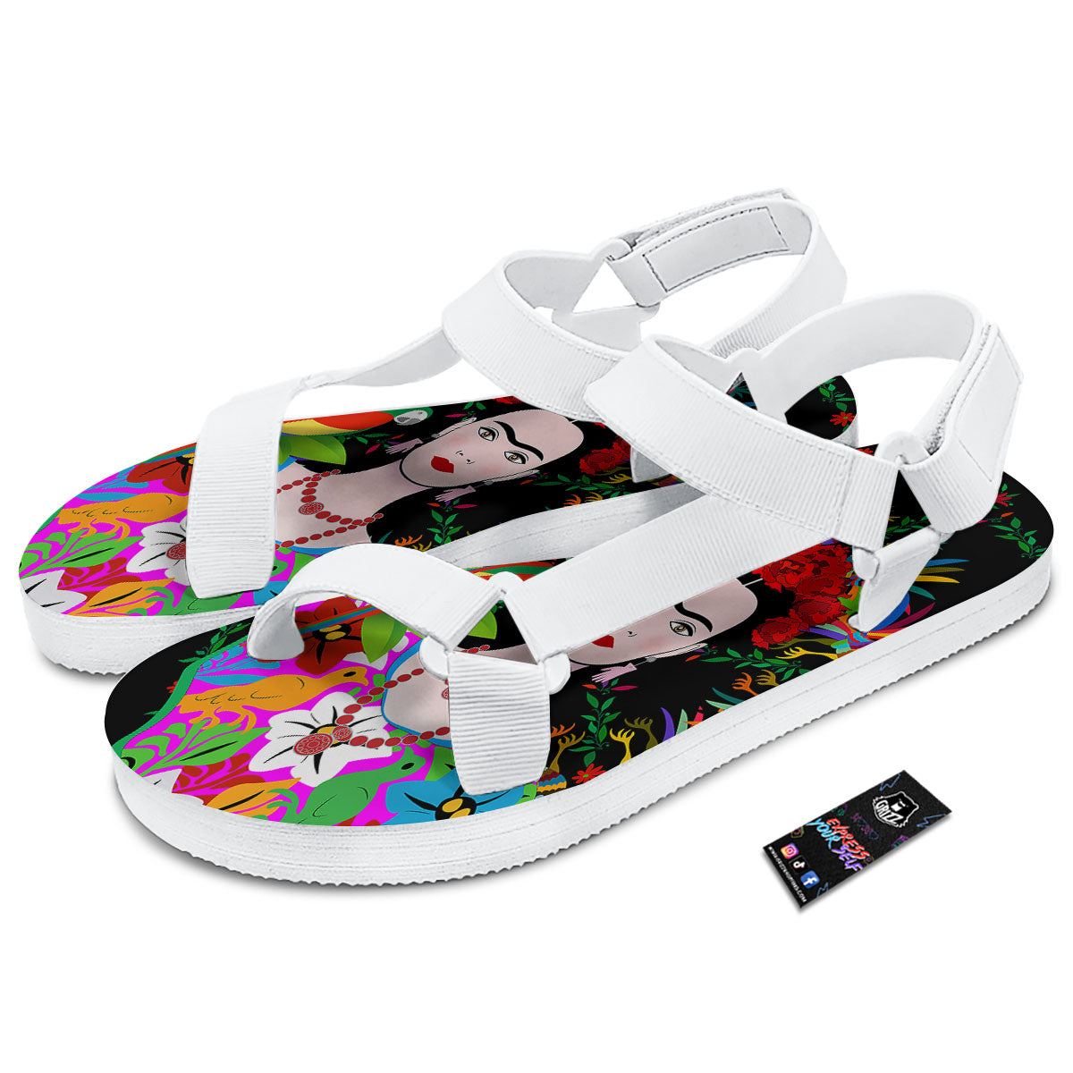 Floral And Frida Kahlo Print White Open Toe Sandals-grizzshop