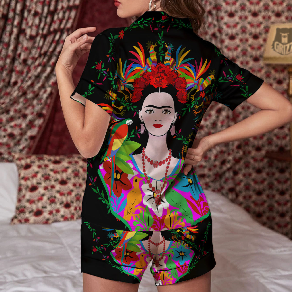 Floral And Frida Kahlo Print Women Silk Pajamas-grizzshop