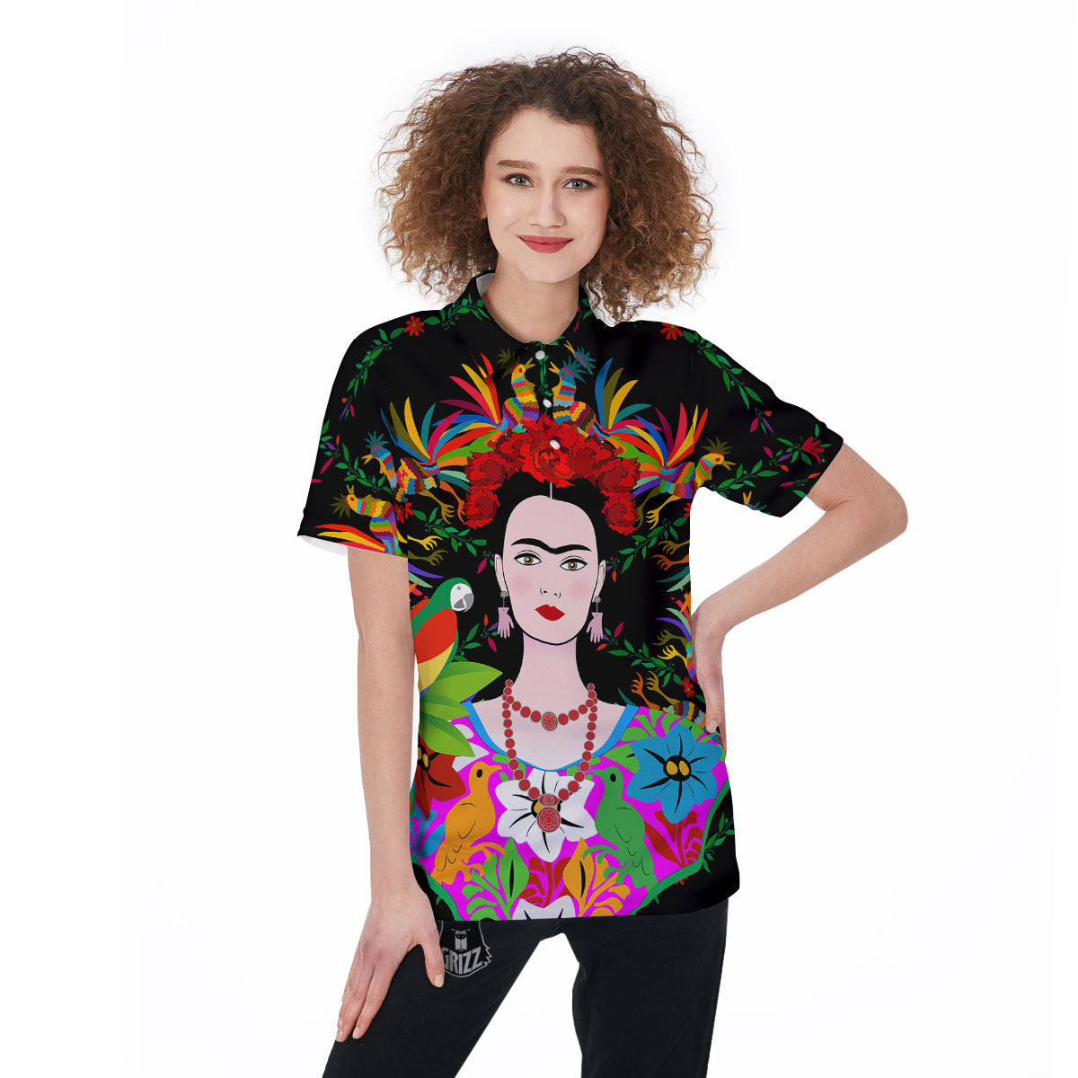 Floral And Frida Kahlo Print Women's Golf Shirts-grizzshop