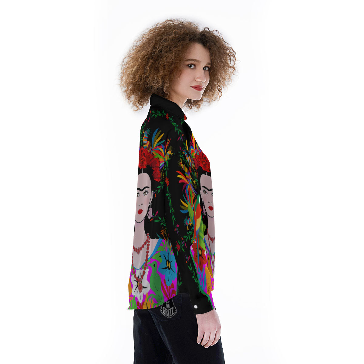 Floral And Frida Kahlo Print Women's Long Sleeve Shirts-grizzshop