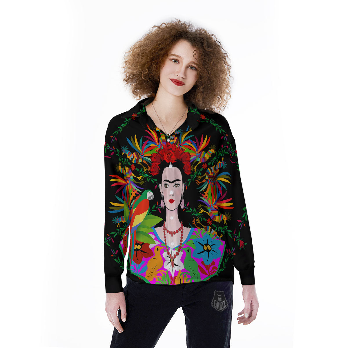 Floral And Frida Kahlo Print Women's Long Sleeve Shirts-grizzshop