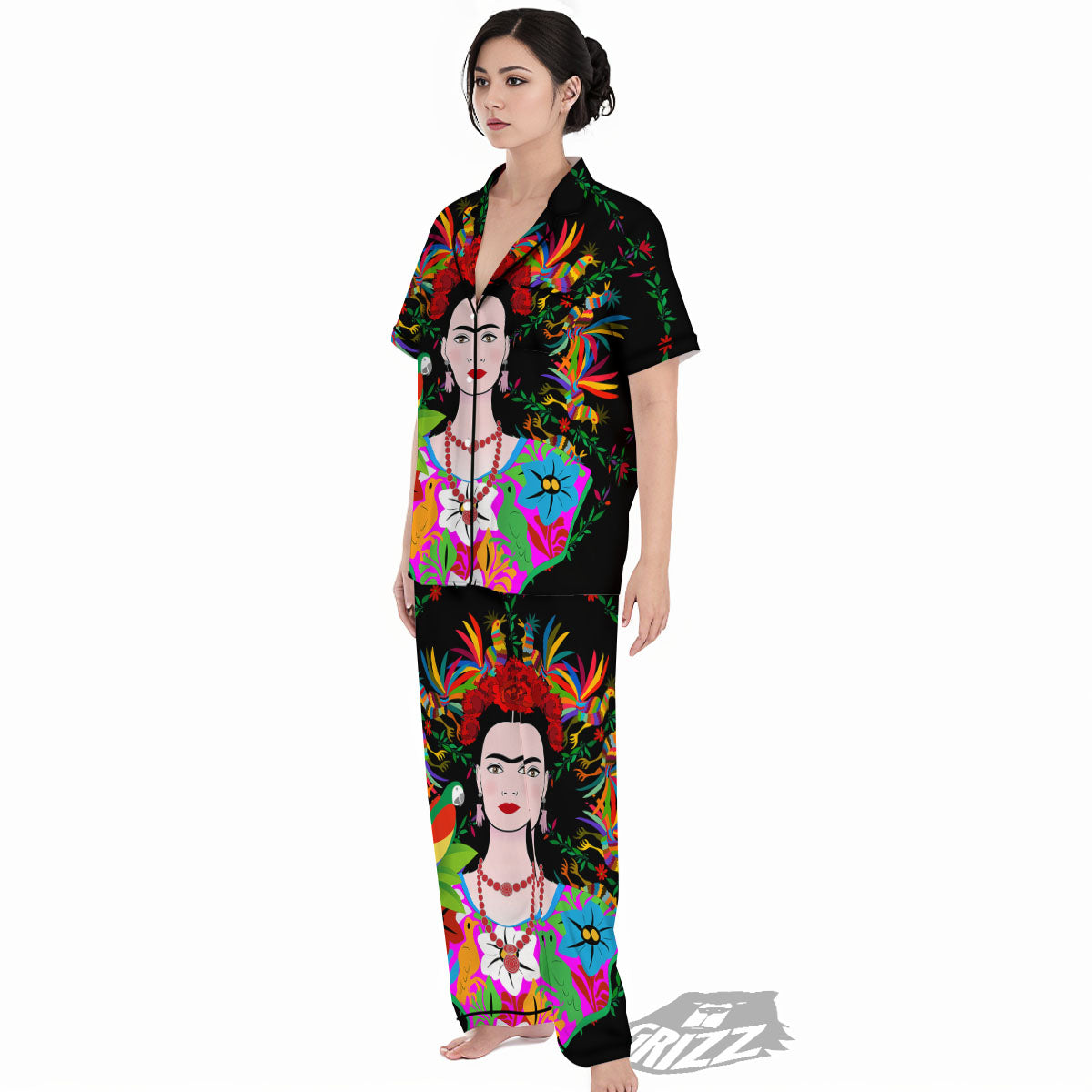 Floral And Frida Kahlo Print Women's Pajamas Set-grizzshop