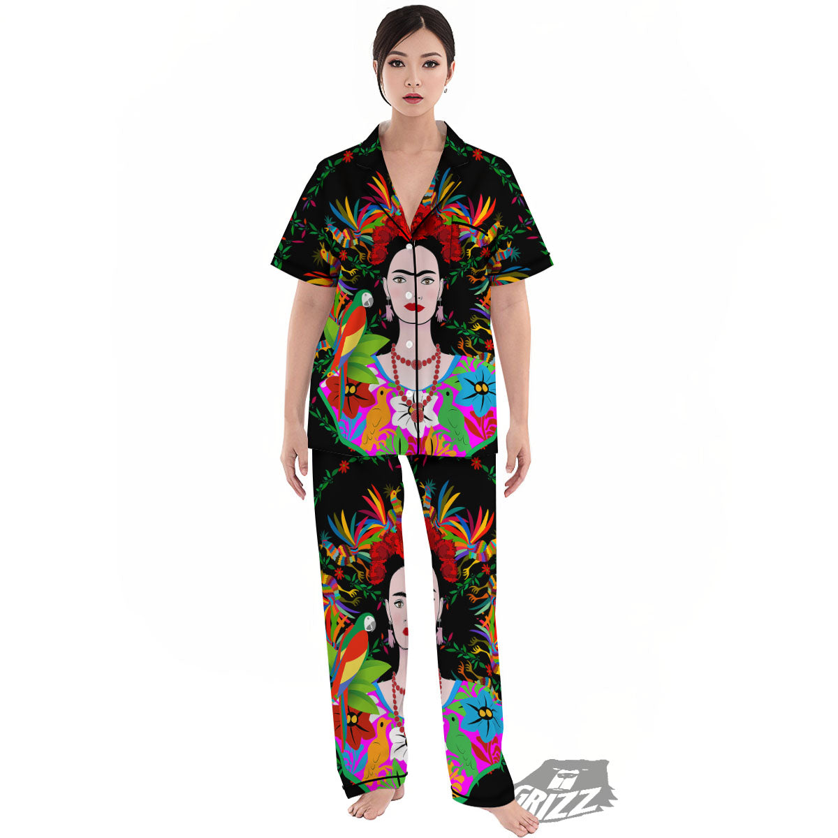 Floral And Frida Kahlo Print Women's Pajamas Set-grizzshop