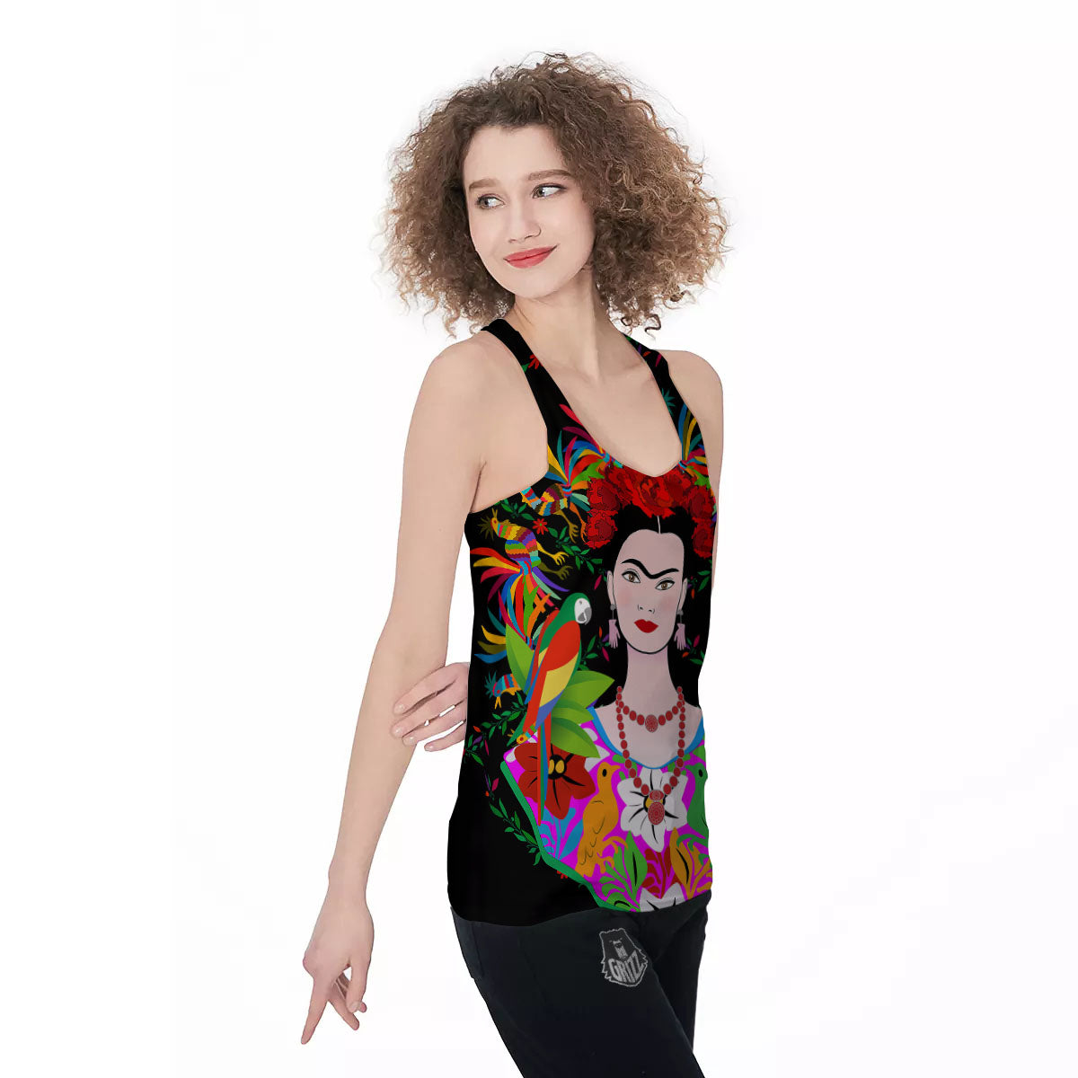 Floral And Frida Kahlo Print Women's Racerback Tank Top-grizzshop