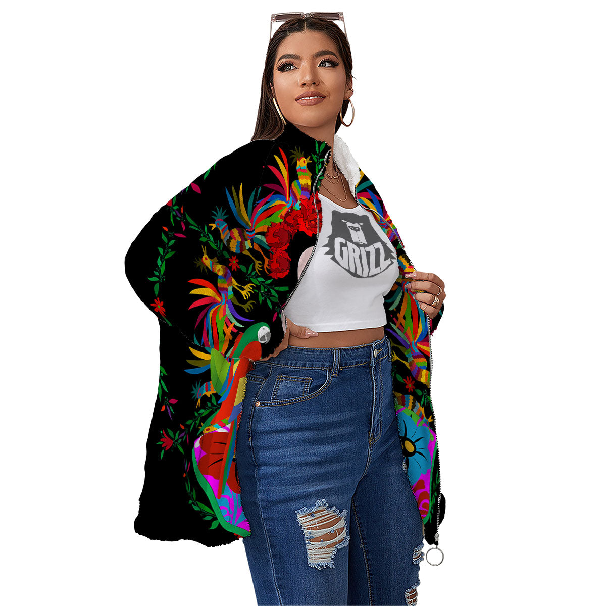 Floral And Frida Kahlo Print Women's Sherpa Jacket-grizzshop