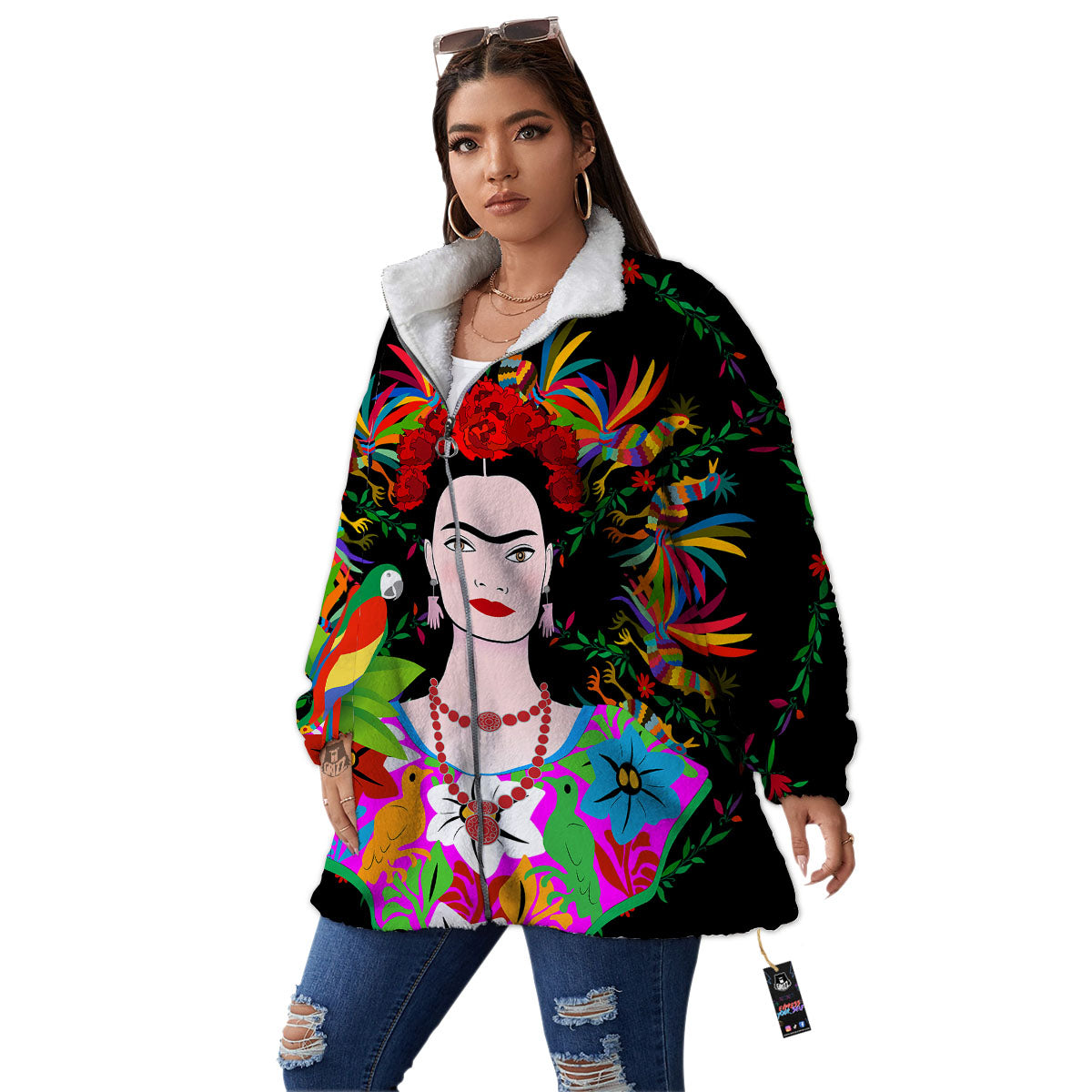 Floral And Frida Kahlo Print Women's Sherpa Jacket-grizzshop