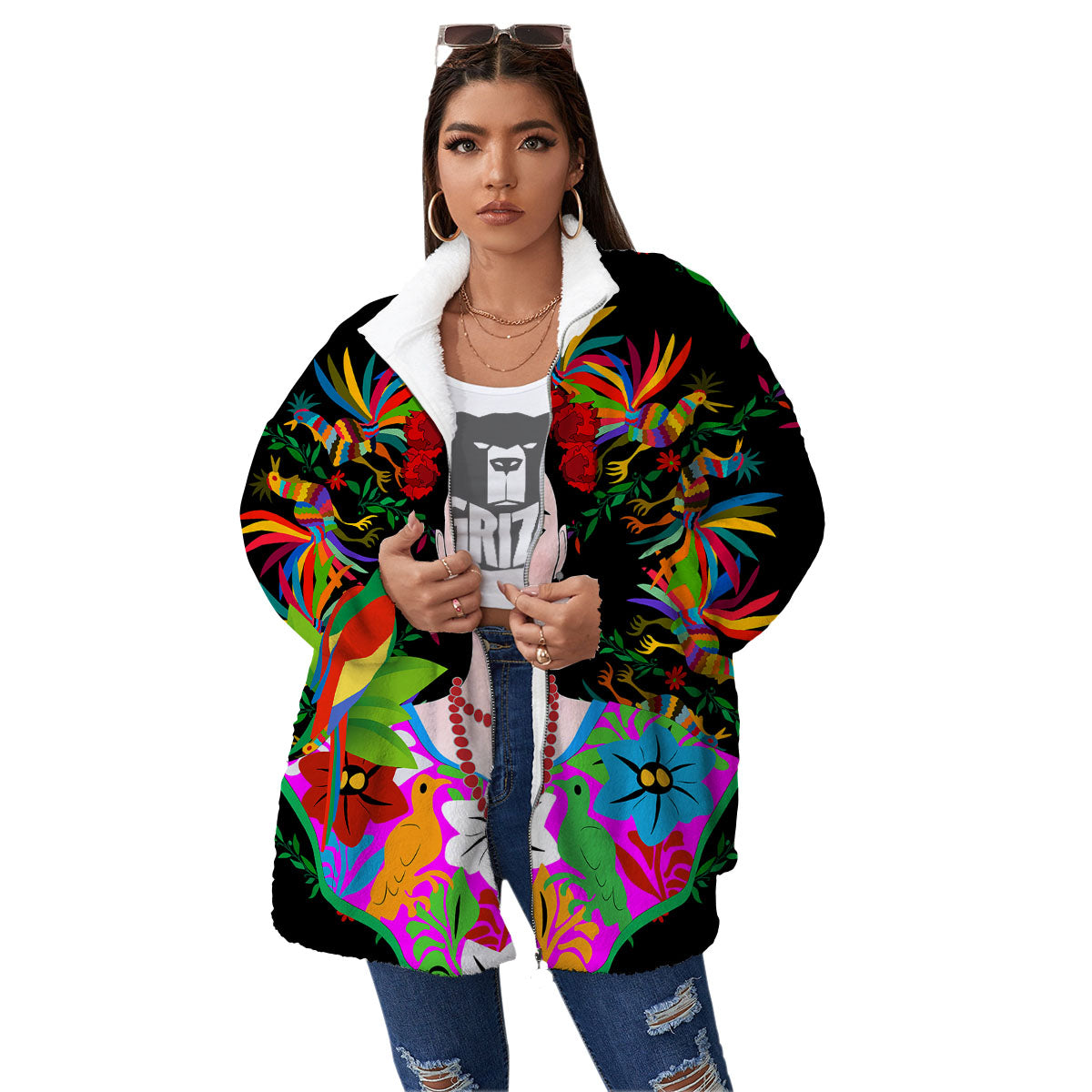Floral And Frida Kahlo Print Women's Sherpa Jacket-grizzshop