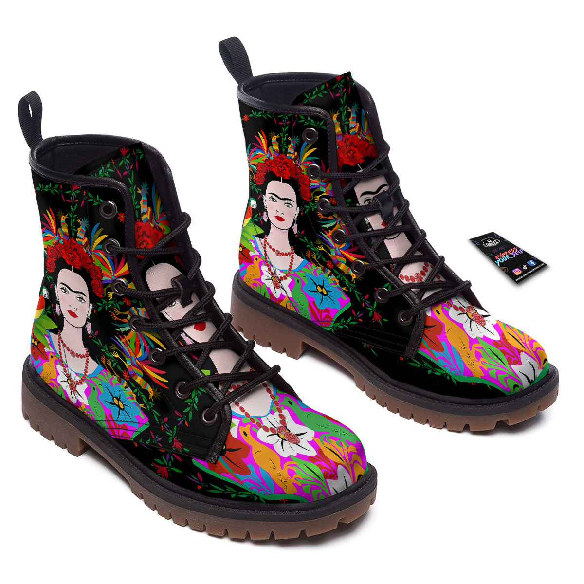 Floral And Frida Kahlo Print Work Boots-grizzshop