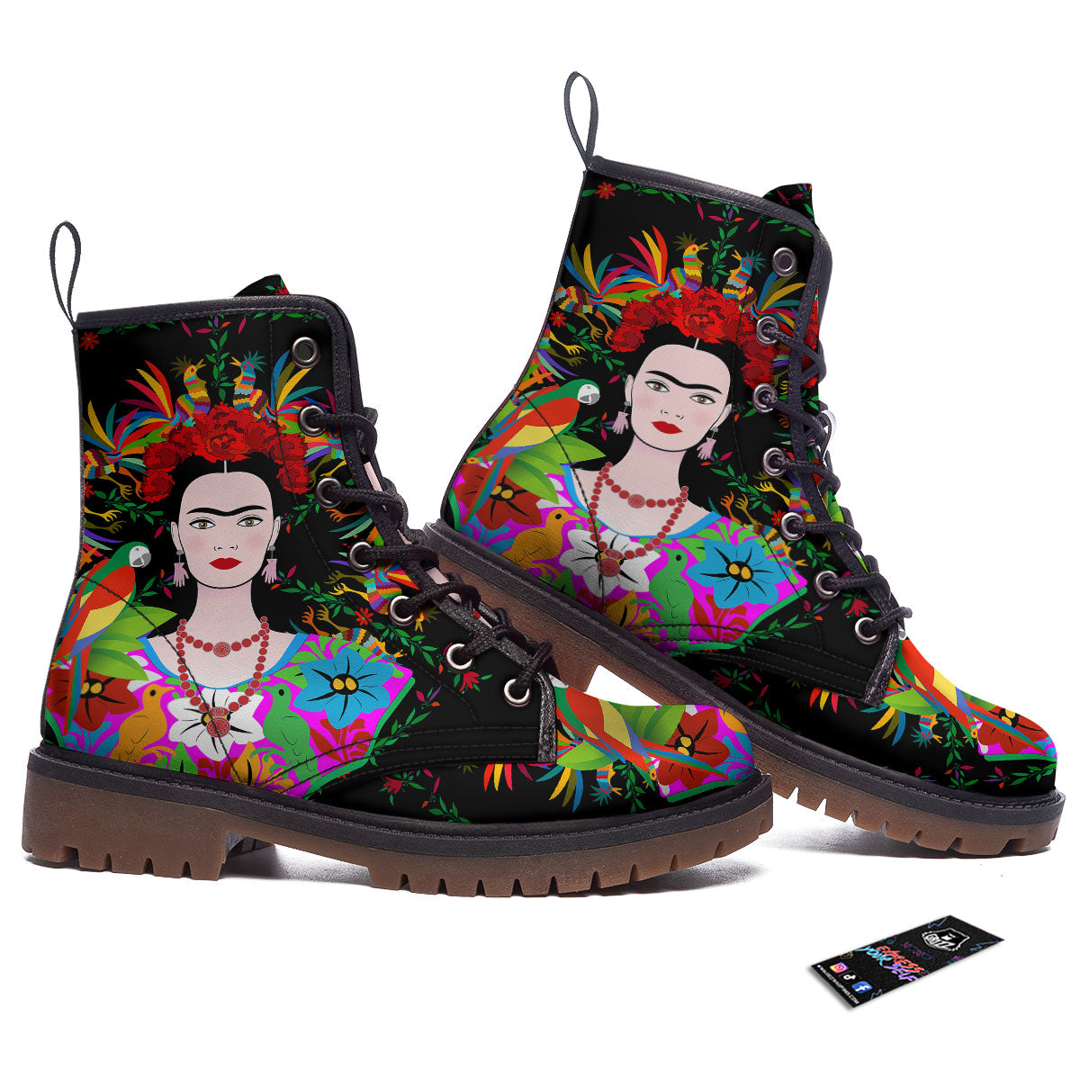 Floral And Frida Kahlo Print Work Boots-grizzshop