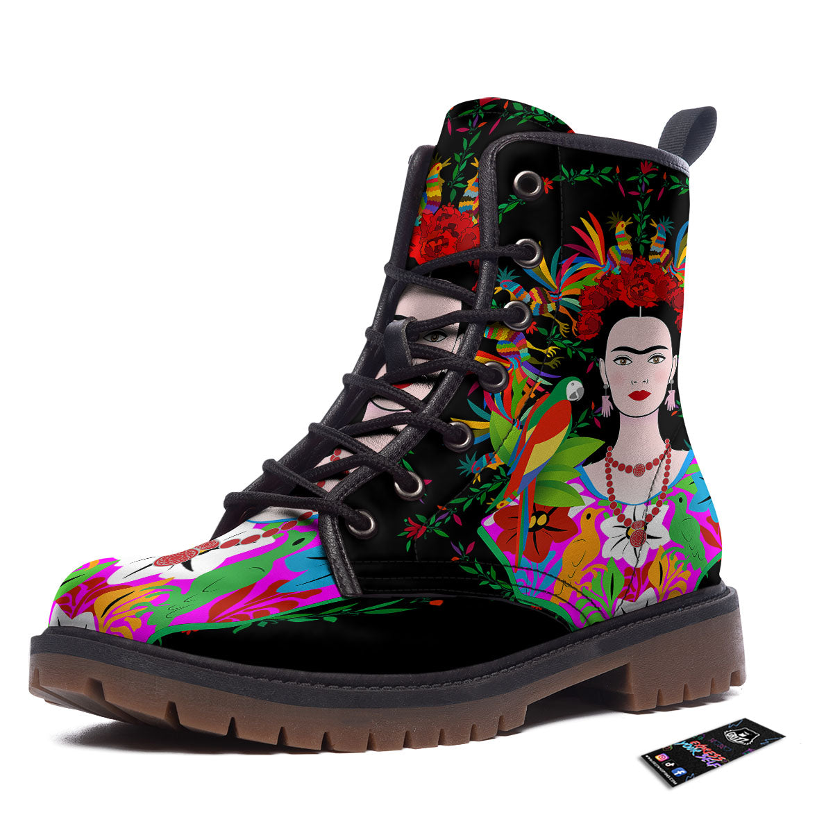 Floral And Frida Kahlo Print Work Boots-grizzshop