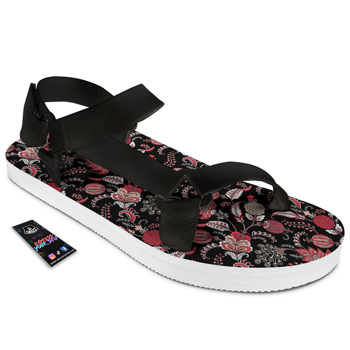 Floral And Paisley Print Pattern Black Open Toe Sandals-grizzshop