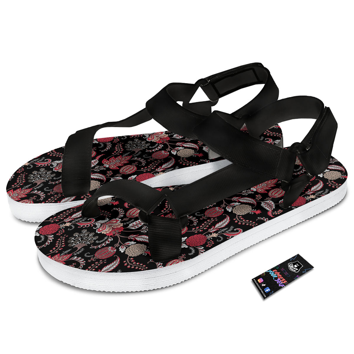 Floral And Paisley Print Pattern Black Open Toe Sandals-grizzshop